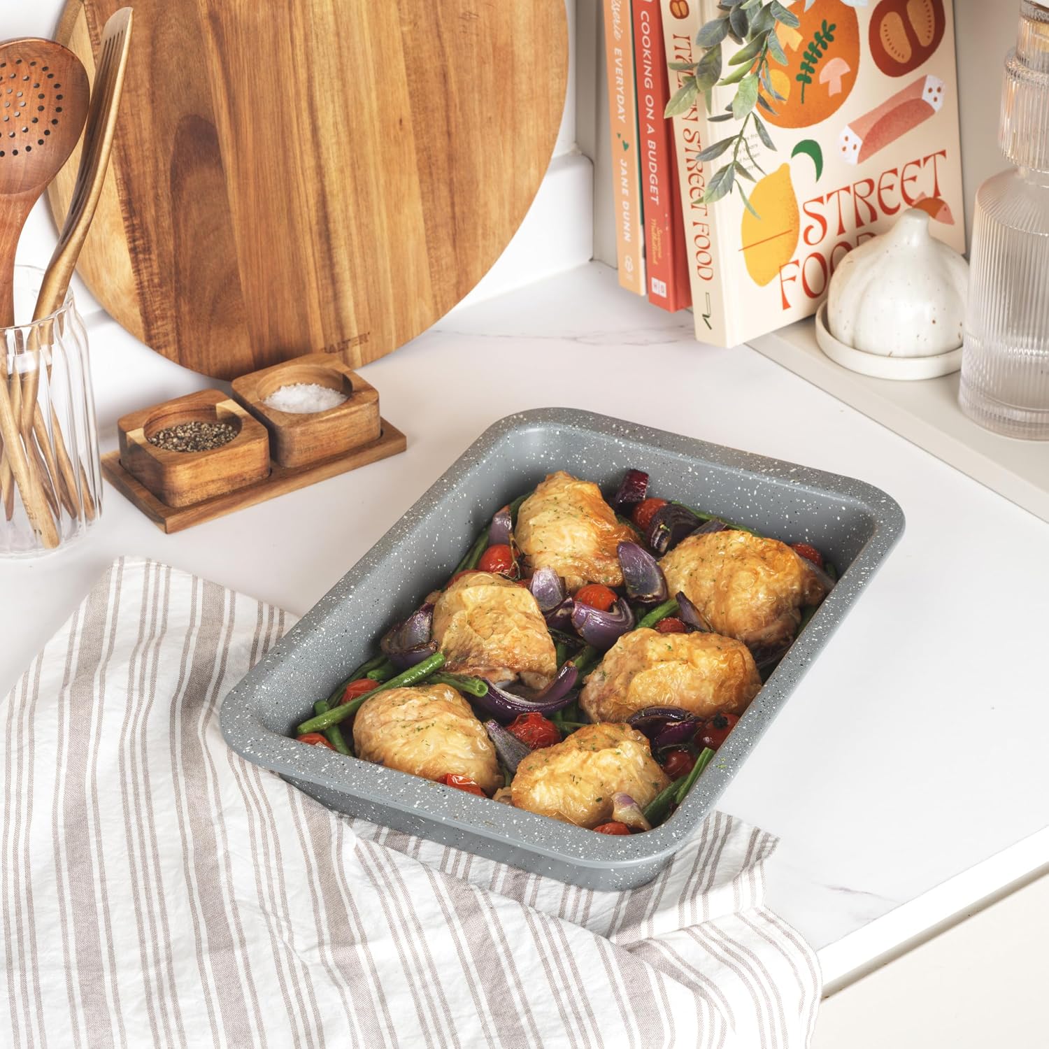 Salter Marble 3-Piece Roasting Tray Set - Set of 3 Non-Stick 36 cm Meat Roasters, Durable Carbon Steel, Oven Safe to 220°C, Easy to Clean, Long-Lasting, Brownie Baking Tin, Grey image 3