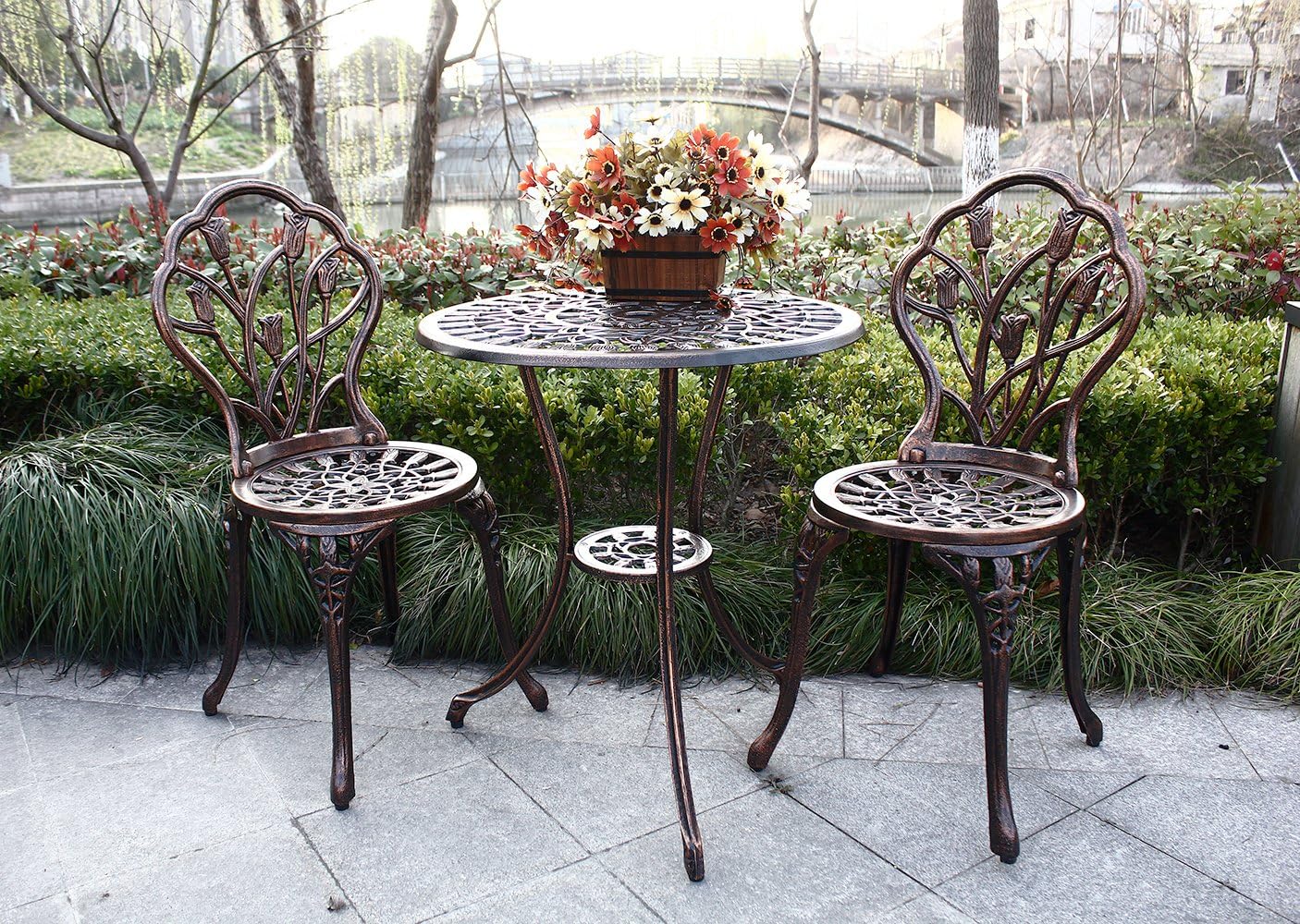 Bistro Table Set, Outdoor Patio Set 3 piece HOMEFUN Table and Chairs, Tulip Carving and Weather Resistant (Antique Bronze)
