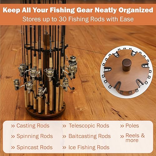 Miniatura 4 de Rush Creek Creations Soporte para caña de pescar  Estante giratorio 360 para organización y almacenamiento de garaje, soporte de caña para carretes,