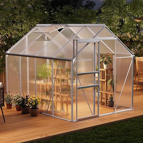 GAOMON Greenhouses, Large Walk in Greenhouses for Outdoors and Garden Planting, Polycarbonate Greenhouse with Enhanced Aluminum Frame, Adjustable Roof Vent ＆ Sliding Door for Winter Use(White, 6*8FT)