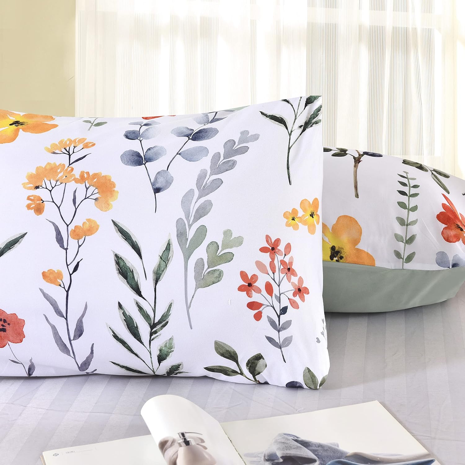 Caurbed 2 Pack Floral Pillow Cases Soft Microfiber Decorative Pillow Shams, Standard Size Yellow Flowers and Green Leaves (Green Floral, Standard)