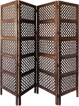 Benjara 4 Panel Mango Wood Hinged Room Divider, Brown Finish | Folding Privacy Screen, Circular Cutout Design, Decorative Partition, For Living Room, Bedroom, Office and Home Decor