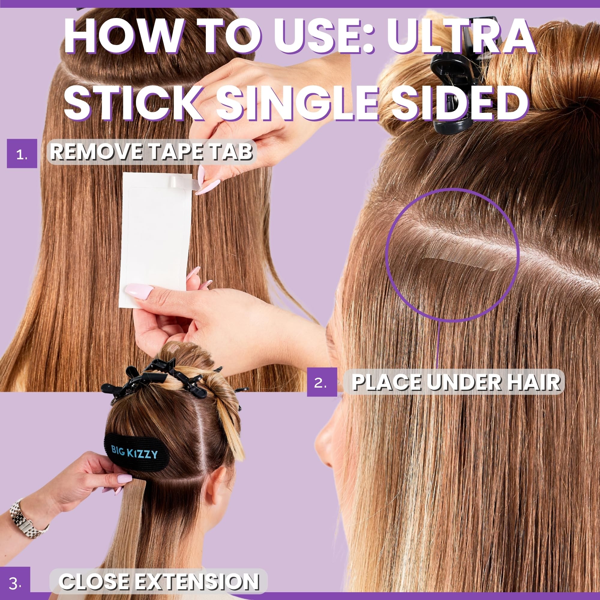 Big Kizzy Nastro di ricambio ultra stick per extension per capelli, per 6-8 settimane di usura, forte tenuta e senza residui, nastro unilaterale per estensioni, 48 linguette