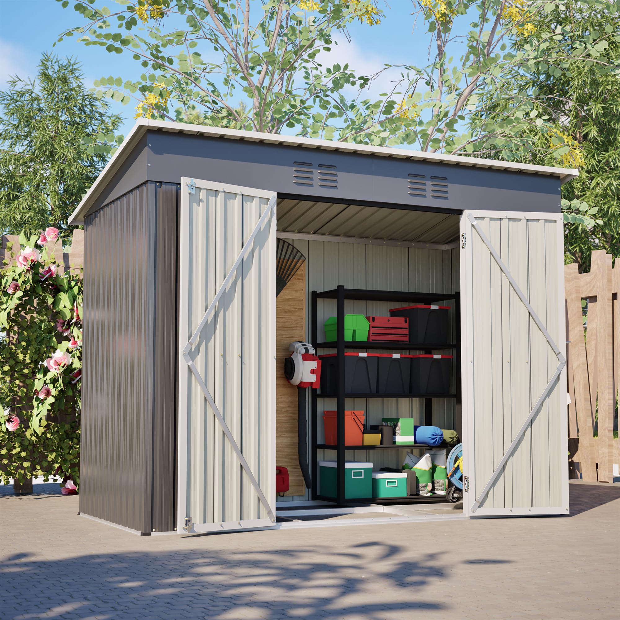 Metall Gartenhaus 229×182×111cm Geräteschuppen mit Bodenbasis,Allwetterbeständig Fahrradschuppen mit 2 Belüftungsgittern，Verzinkter Stahl Outdoor Garten Schuppen Schrank Abschließbarer Doppeltü,Grau