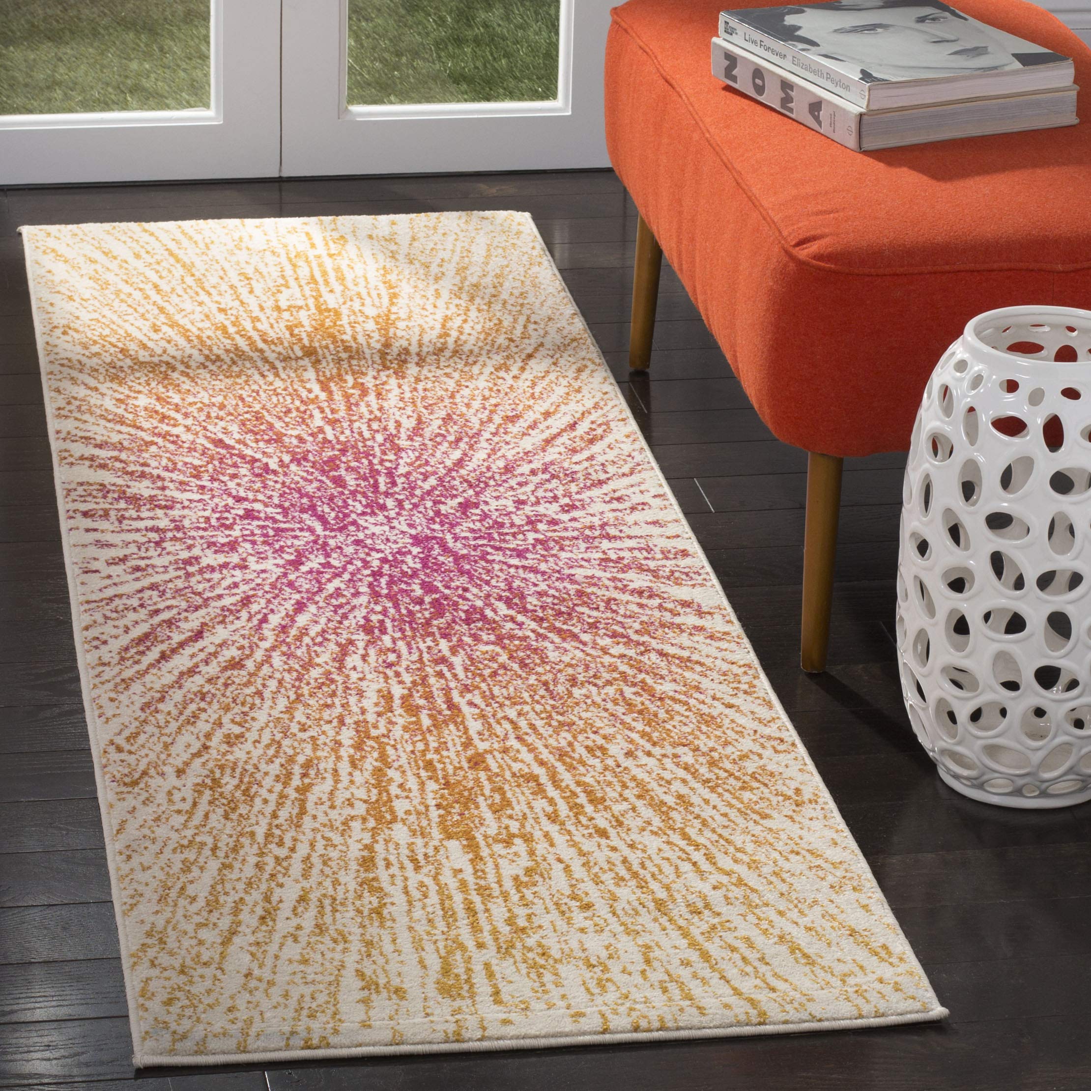 SAFAVIEH Evoke Collection 2'2" x 11' Fuchsia/Cream EVK228R Abstract Burst Non-Shedding Living Room Bedroom Runner Rug