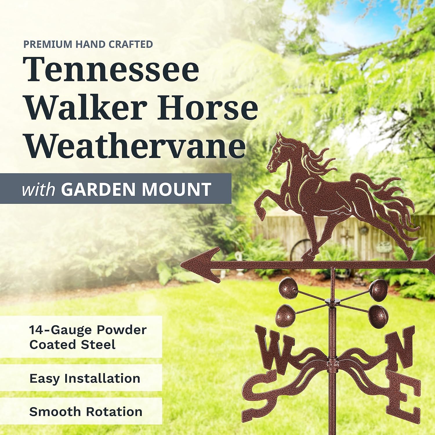 EZ Vane Steel Tennessee Walker Horse Weathervane 80” Height, Includes Metal Garden Mount, Wind Cups & Brackets | Hand-Crafted and Family-Owned, Made in The USA with Triple Powder Coating, Limited