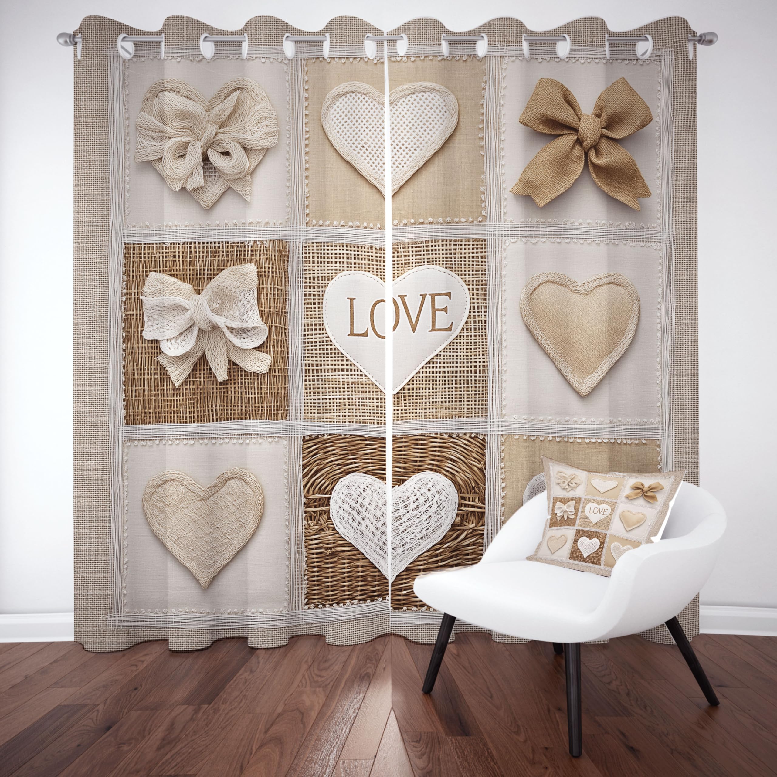 Rideaux occultants thermiques 280x180 salon grande largeur Amour Coeur style rustique à œillets