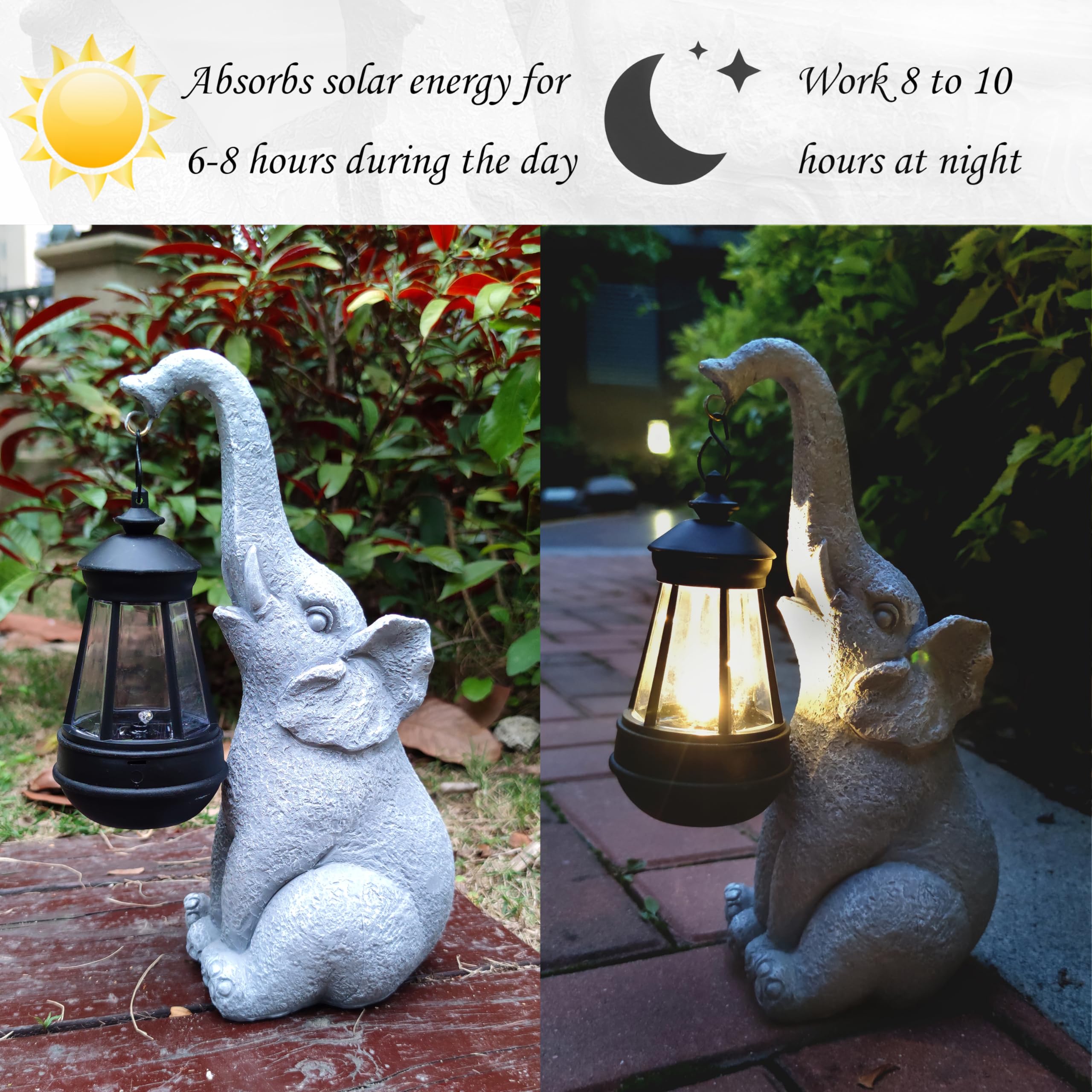 Estatuas solares de elefante para jardín, decoración de elefante de resina con linterna de luces solares, figuras para exteriores, césped, jardín, decoración artística para césped, patio