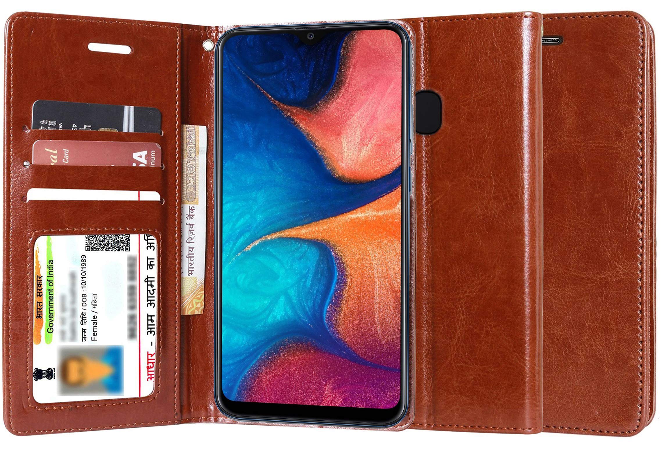 Unistuff Flip Cover for Samsung Galaxy A20 with ID Card Slot | Artificial Leather | Foldable Stand | 2 Card Slot | 1 Cash Slot - Executive Brown, 72113
