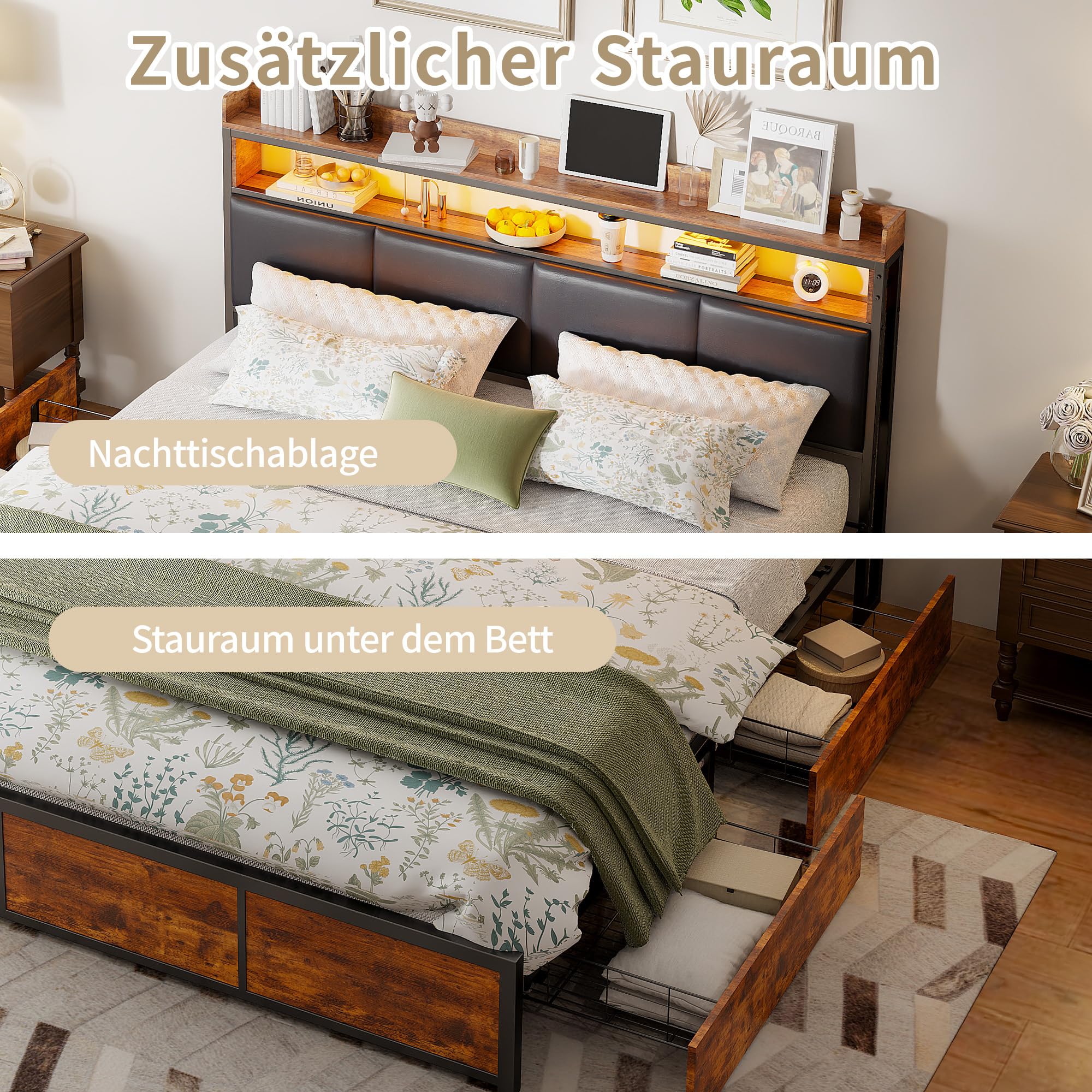 Letto imbottito 160 x 200 cm con illuminazione a LED, letto matrimoniale con rete a doghe, letto con 4 cassetti, letto per ragazzi funzionale, schienale letto, nero, PU, senza materasso