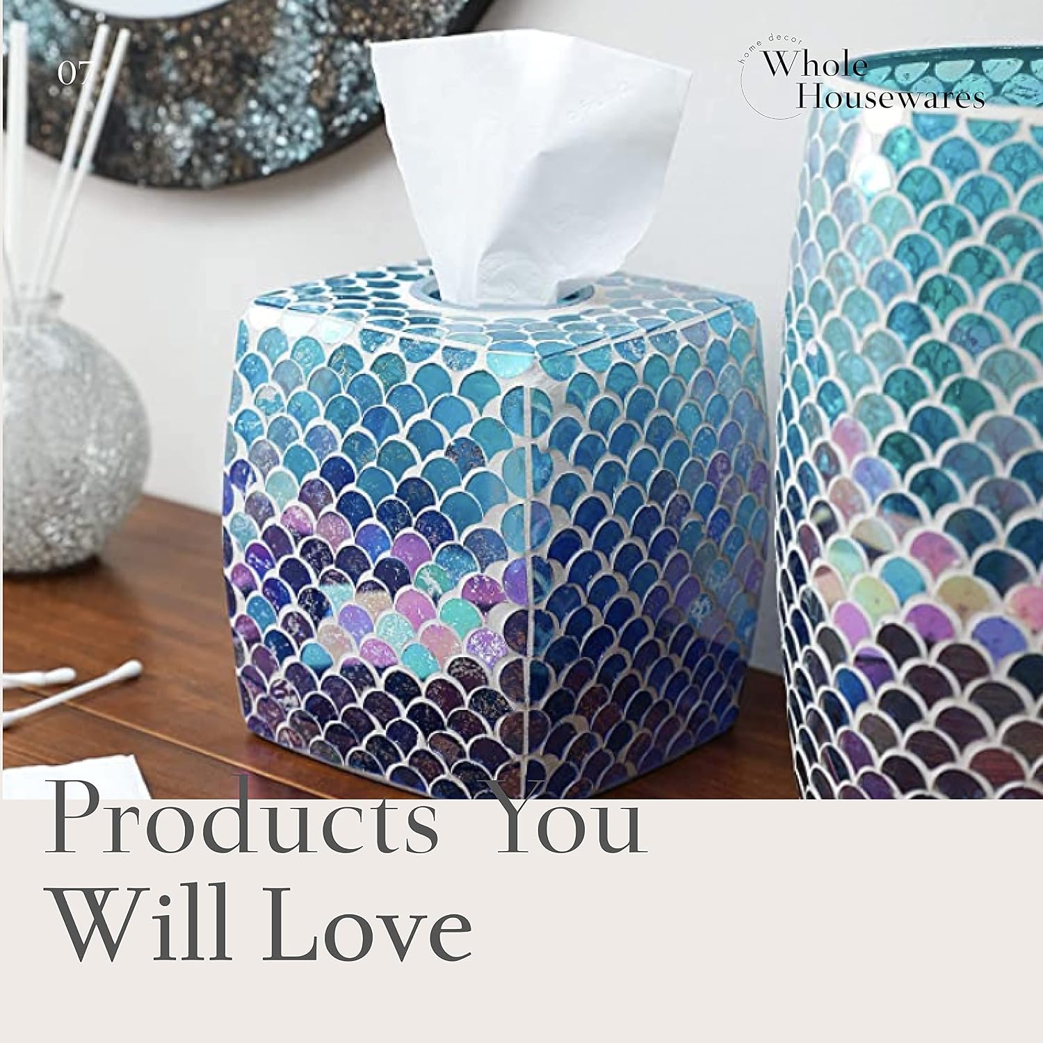Bathroom Accessory Set | 5-Piece Decorative Glass Bathroom Soap Dispenser Set | Soap Dispenser, Tray, Jar, Toothbrush Holder | Elegant Blue Mosaic Glass Mermaid Bathroom