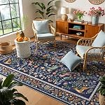 Navy Blue Rugs for Living Room, 5x7 Machine Washable Area Rug Floral Non-Slip Low Pile Large Living Room Carpet,Whimsical Peacock Rugs for Bedroom, Farmhouse, Dining Room, Kids Playroom