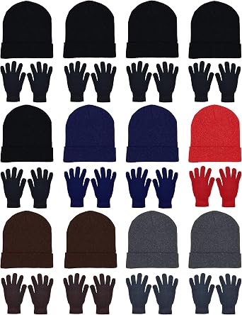 24x Winter Beanies & Gloves Combo Pack, Bulk Pack for Men Women, Warm Cozy Gift
