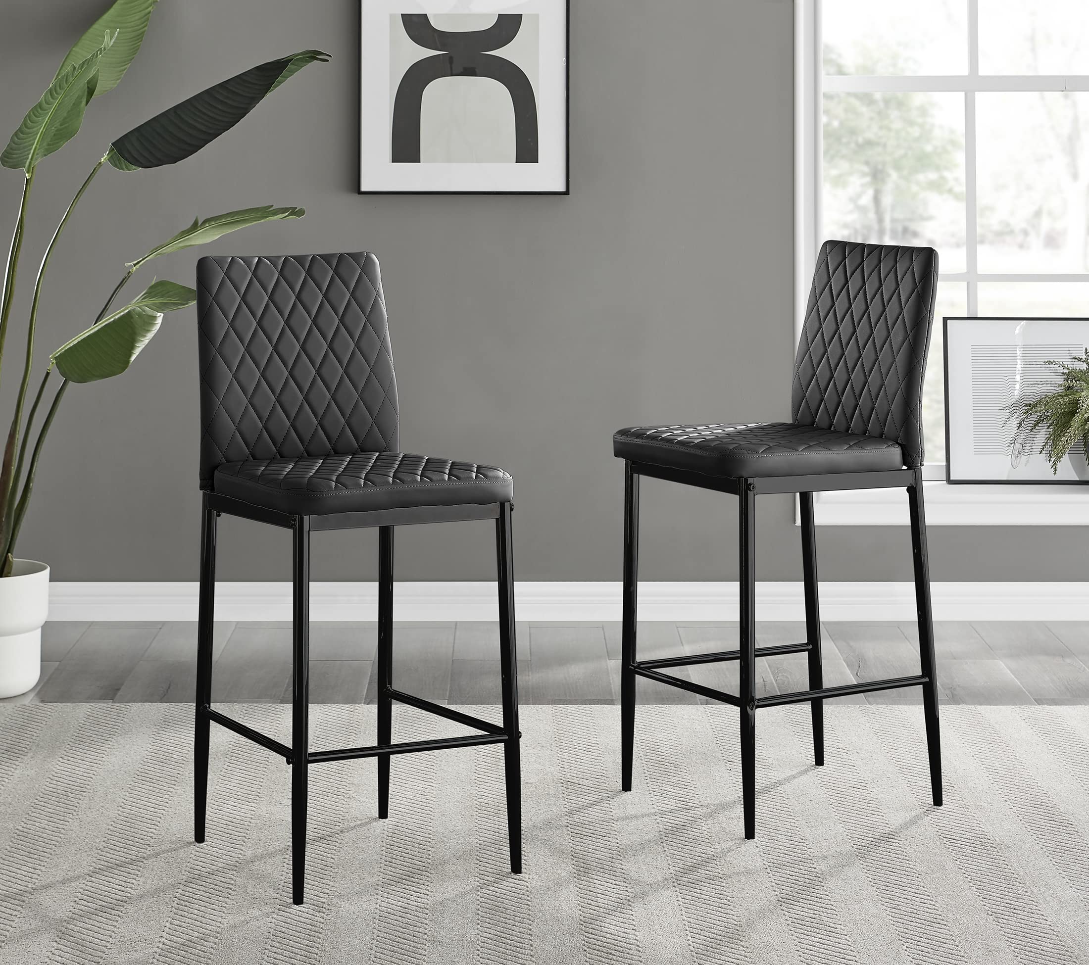 Furniturebox Bar Stools - Milan Stools for Kitchen Counter or Dining Room - Set of 2 - Contemporary Black Soft Faux Leather Stools with Black Legs (2X Black Faux Leather Stools)