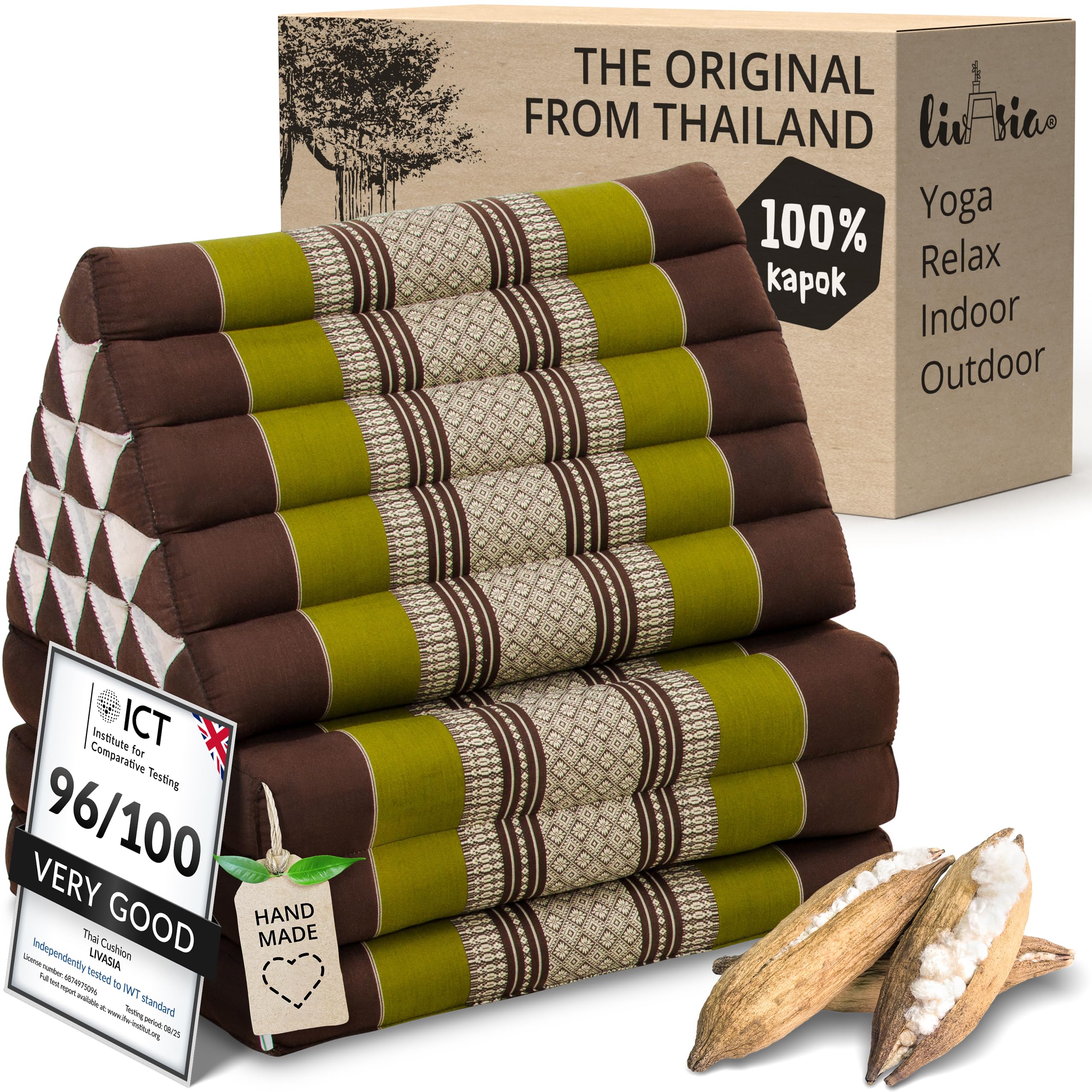 livasia Thai cushion with 3 seat rests - 73x22x3.1″ - extra high, Triangle cushion with folding mattress, Kapok, Jumbo back support cushion, Thai mat, folding, Hand made (Brown/Green)