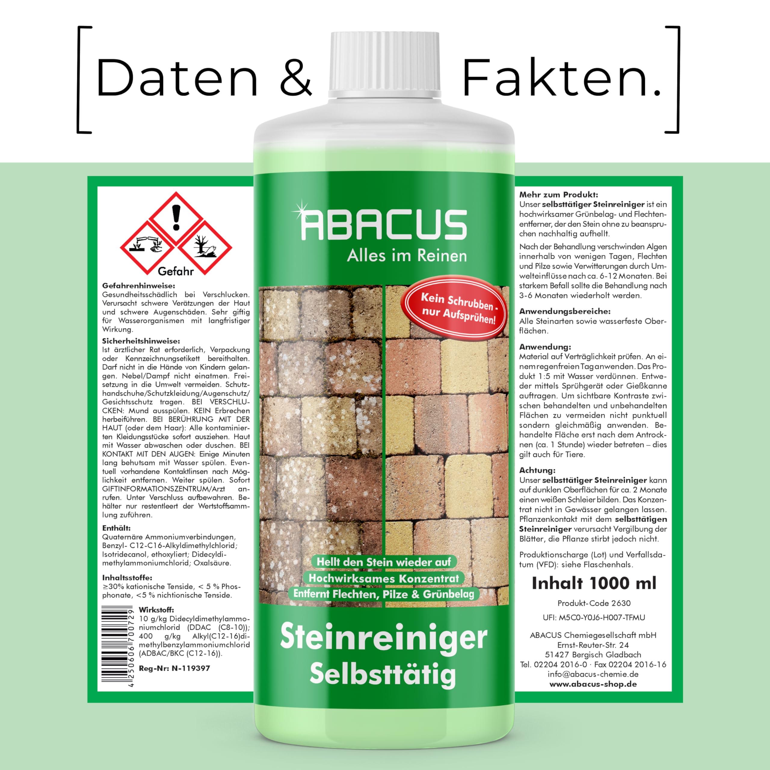 ABACUS® Steinreiniger, selbsttätiger Algenentferner & Flechtenentferner für Stein & Pflaster, 40% Wirkstoff, gegen Flechten & Algen auf Pflastersteinen & Steinplatten – Steinreiniger 1000 ml (2630)