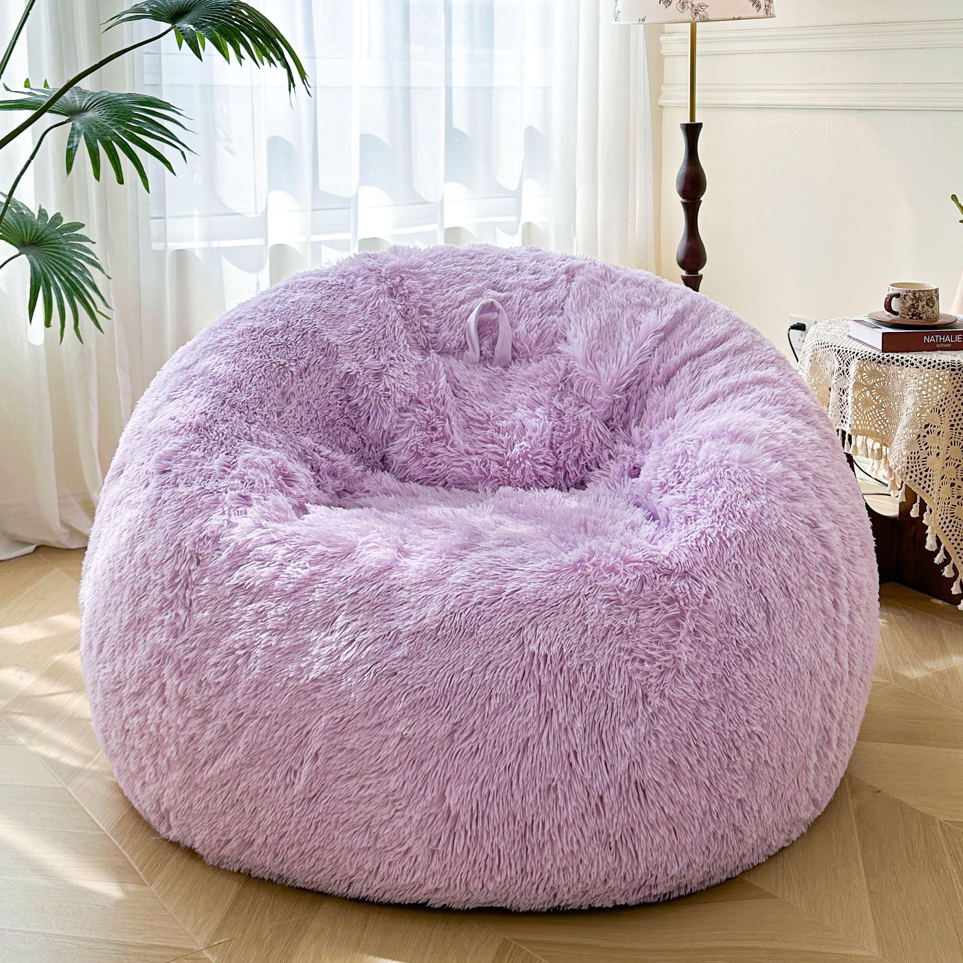 XeGe 5FT Giant Fluffy Bean Bag Chair Cover(No Filler), Ultra Soft Faux Fur Stuffed Animal Storage Bean Bag Light Purple
