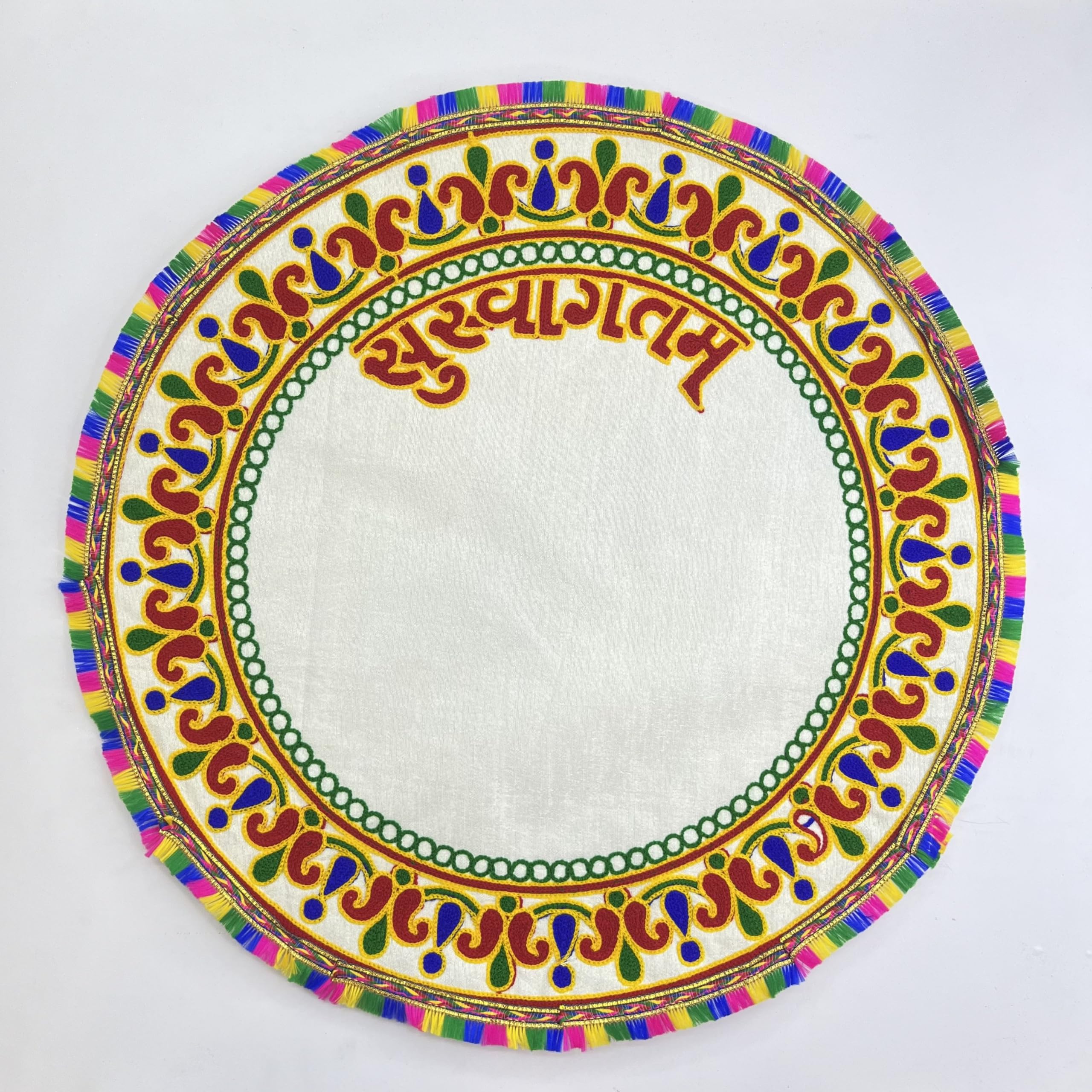 Bride's Baby's Guru's Mentor's Teacher's Footprint Handprint Welcome Handcrafted Cotton Traditional Kutchi Work Embroidered Work Kanku Pagla Rumal (Round)-image-8