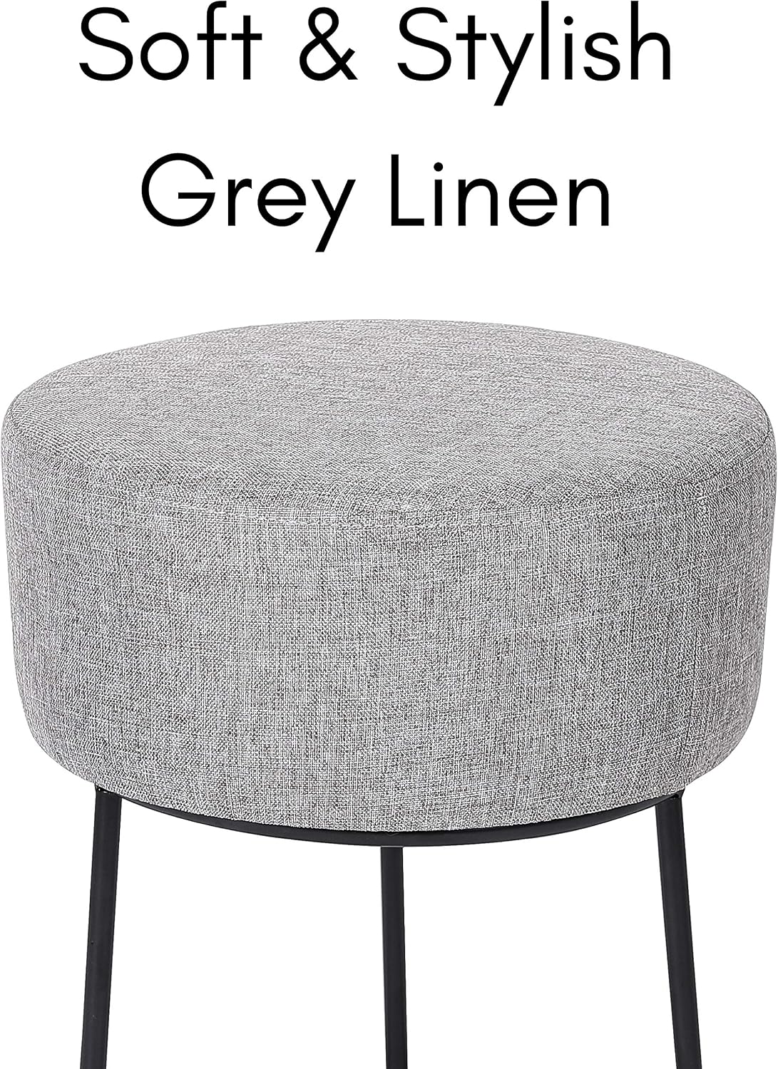 BIRDROCK HOME Grey Linen Foot Stool Ottoman – Upholstered Vanity Chair with Black Metal Legs – Soft Padded Round Stool & Compact Foot Stool for Couch or Chair & Desk in Living Room or Bedroom