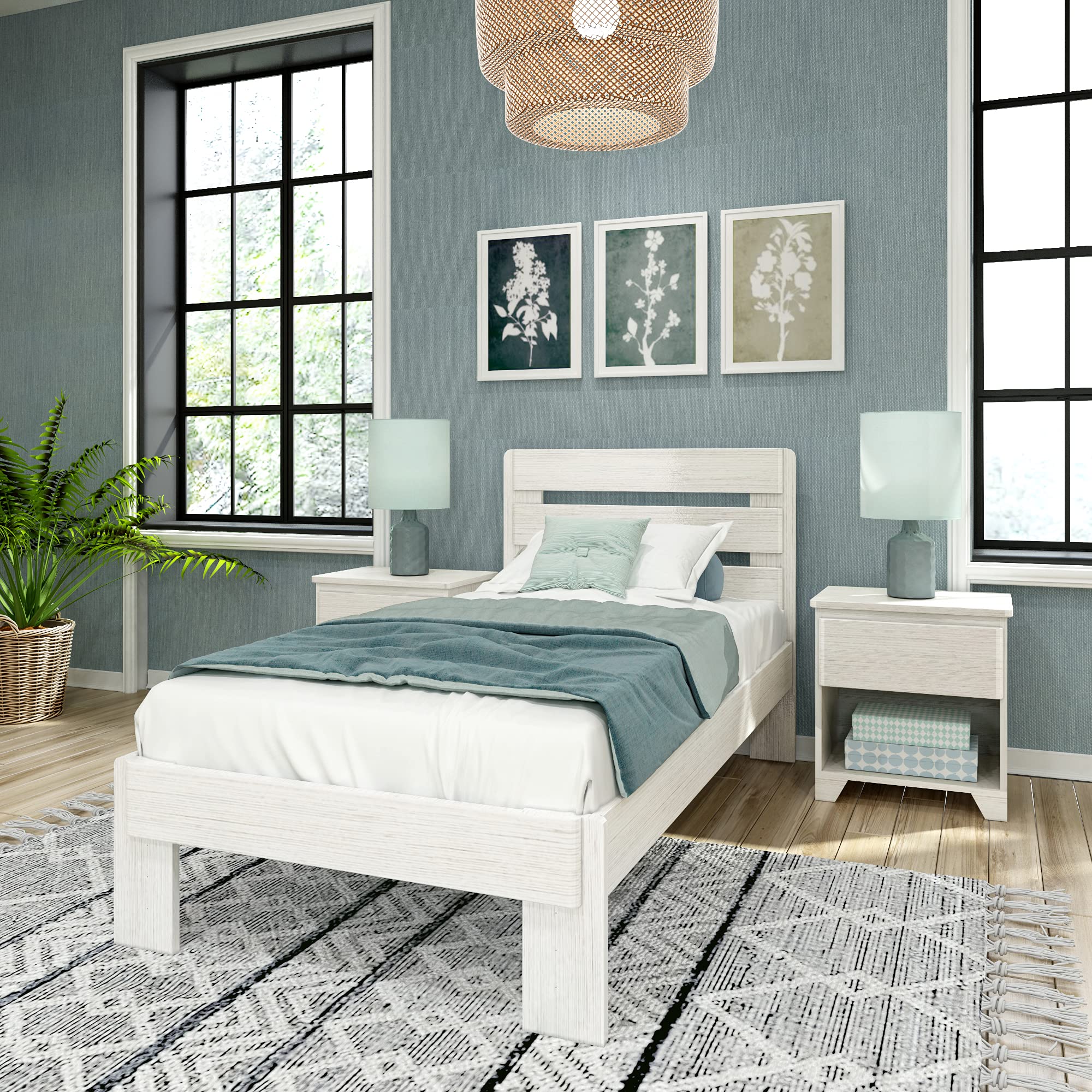 Max & Lily Modern Farmhouse Twin Bed, Bed Frame with Headboard For Kids, Plank, White Wash