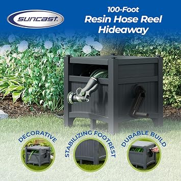 Suncast Garden Hose Hideaway Storage Reel Box, Cyberspace Grey Resin Outdoor Container, Holds up to 100 Feet of 5/8 Inch Standard Vinyl Water Line No Assembly Required
