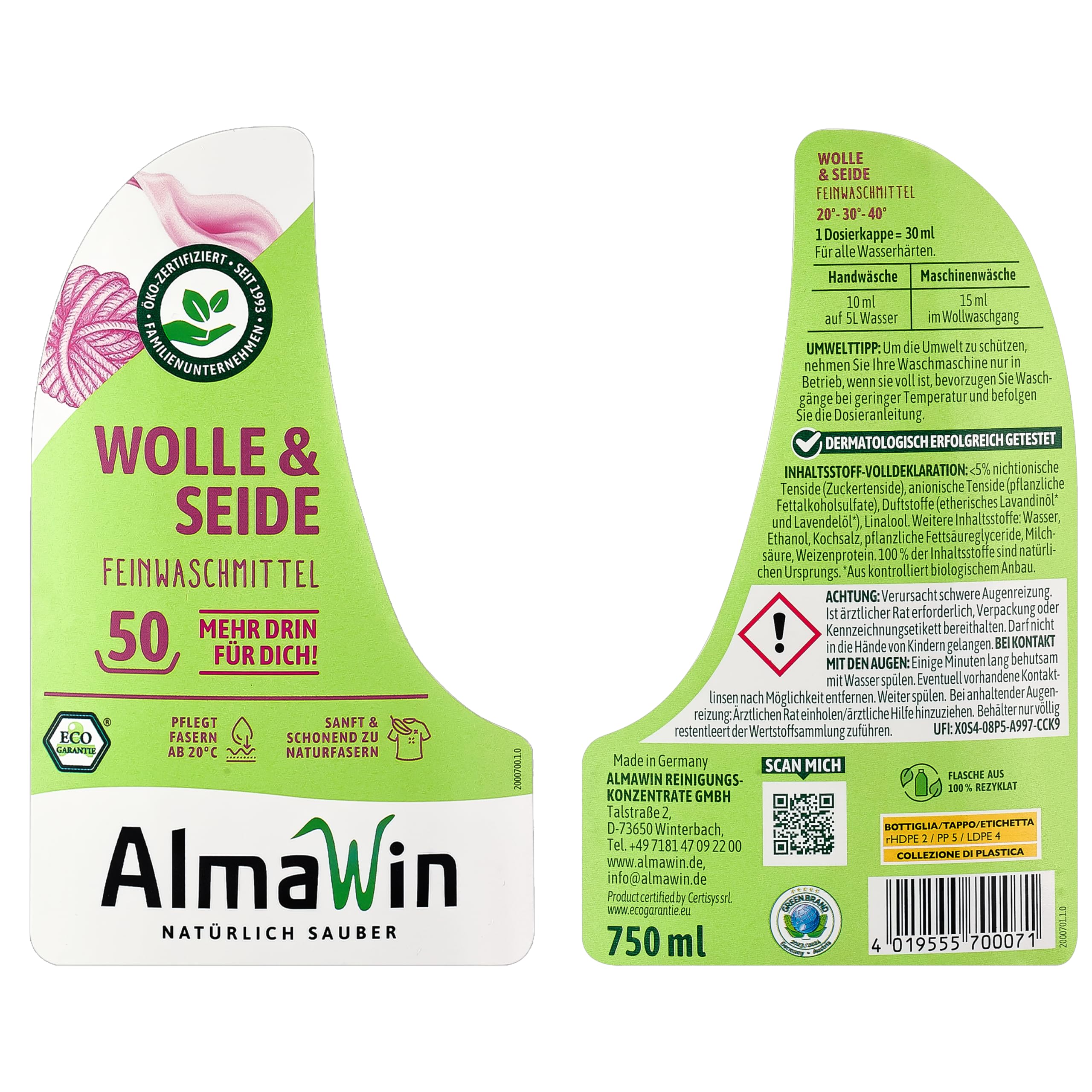 AlmaWin® Waschmittel Wolle & Seide [6x 750ml - 300 Ladungen] mit Lavendel-Duft für schonende Reinigung von Naturfasern - Seide- & Wollwaschmittel anwendbar von 20-40°C - Bio Feinwaschmittel flüssig