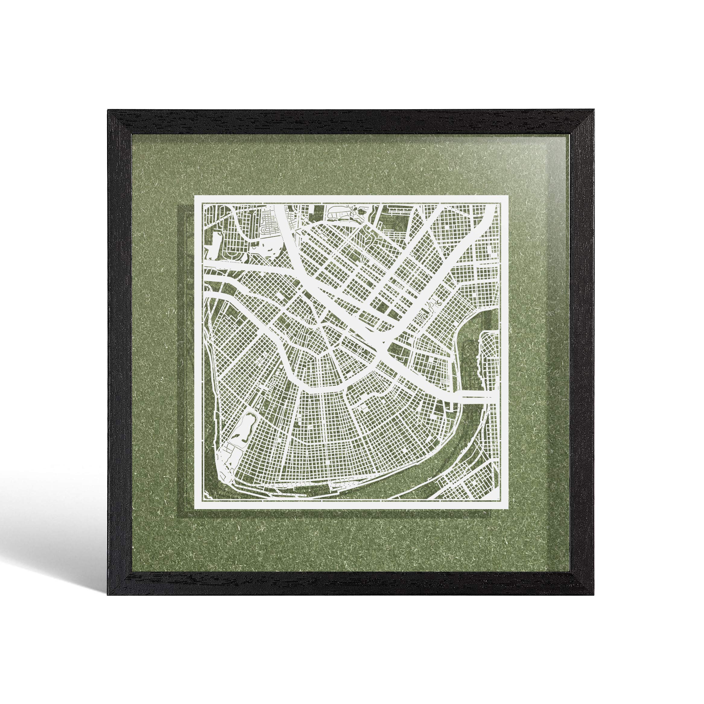 O3 DESIGN STUDIO New Orleans Paper Cut Map framed, White map, Black frame, 9x9 inches, Gift Boxed, 4 background color, self-changing, Paper Art