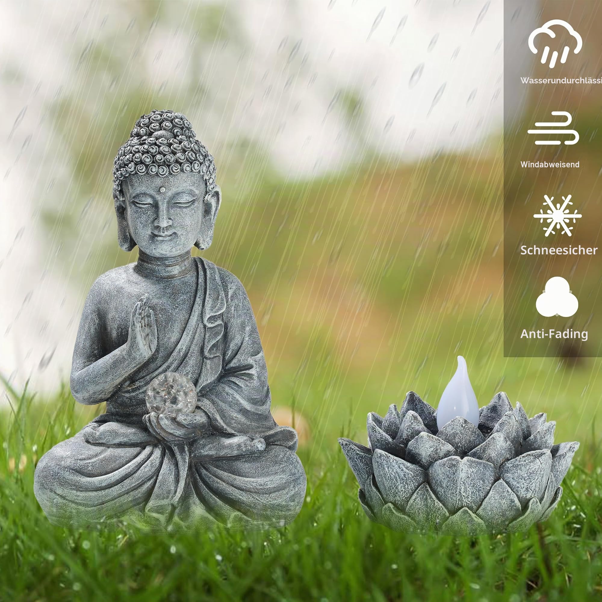 TERESA'S Collections Dekoration für den Außenbereich, Buddha mit Solar-Lotus, 2 Ornamente, Buddha, meditierend, Solarlichter für den Außenbereich, Dekoration für den Garten, Geschenk für Damen