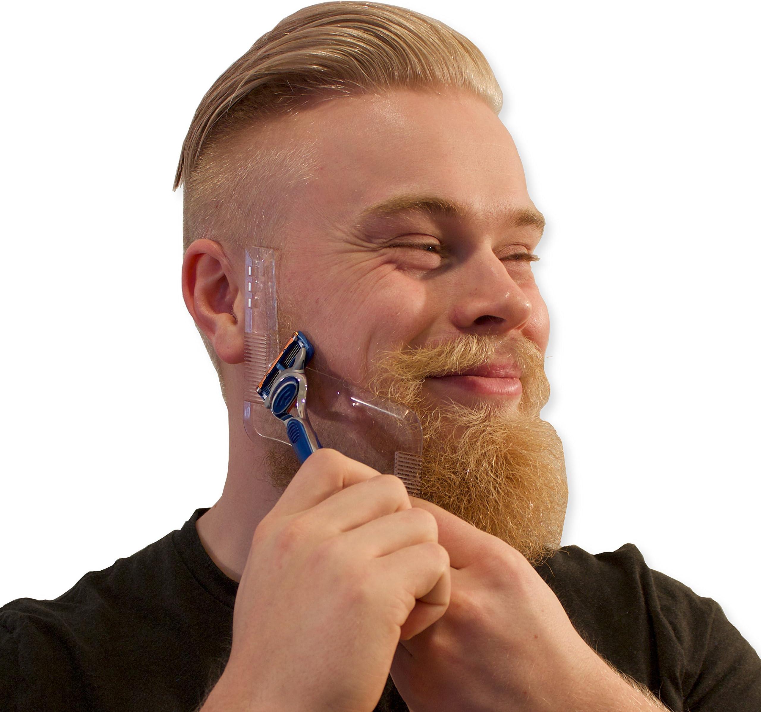 Mens Beard Shaping Tool - Best For Shaving Razor Sharp Beard and Neck Lines, Sideburns, Mustache. Transparent Beard Shaper Template Comb Kit - Works with Trimmers or Clippers - Makes a Perfect Gift
