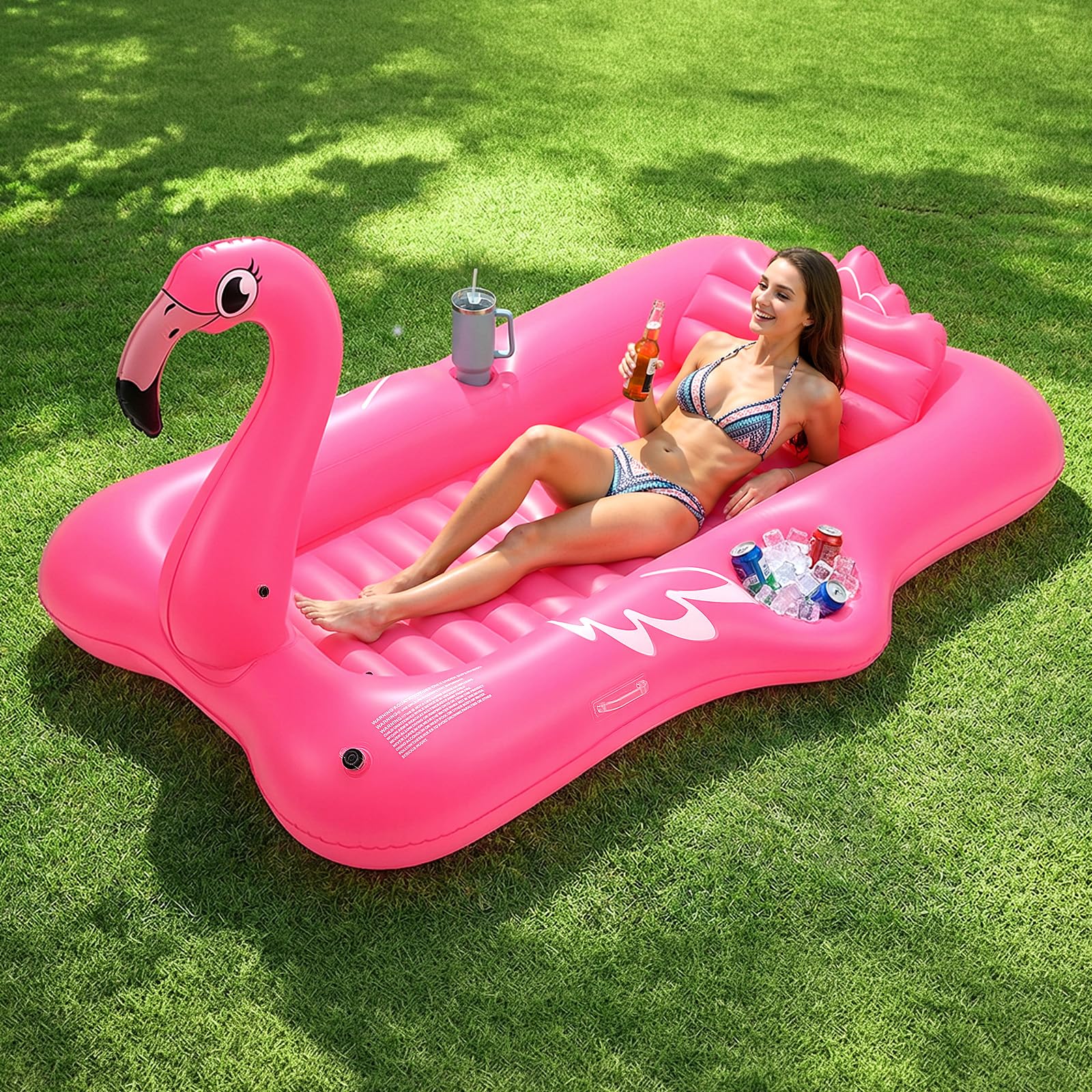 MoKo Flamingo Inflatable Tanning Pool Lounger, 83×50 Inch Blow Up Tanning Bed with Pillow & Cup & Snack Holder, Layout Sunbathing Pool Floats for Backyard Lake Beach River Party, Magenta — image 1