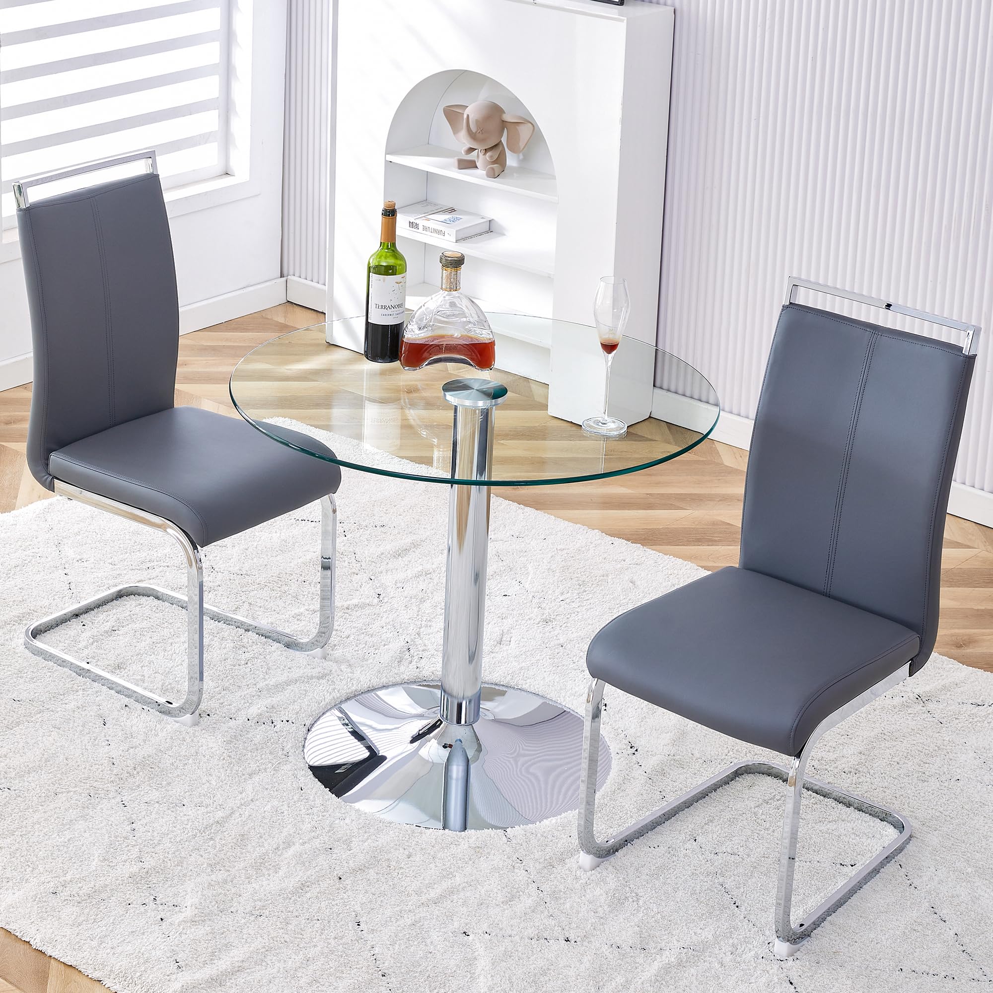 gopop Glass Round Table Set for 2, 3 Piece Dining Table Set for Kitchen Breakfast Nook, Small Kitchen and Table Chairs Set of 2 with Metal Frame for