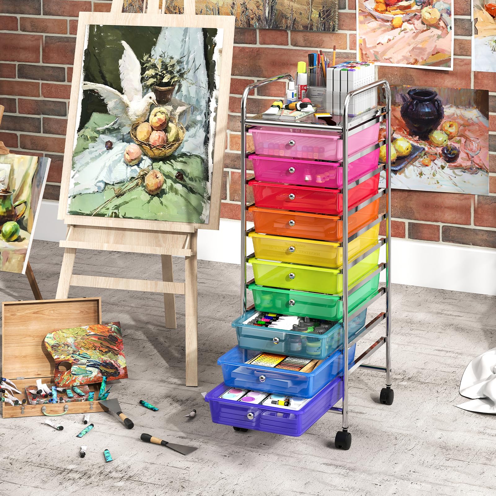 COSTWAY Carrello Portaoggetti con 10 Cassetti, Cassettiera con Ruote, Struttura in Metallo, Ruote Universali Bloccabili e Maniglia, Carrello Organizer per Casa, Ufficio (39 x 32 x 97 cm)