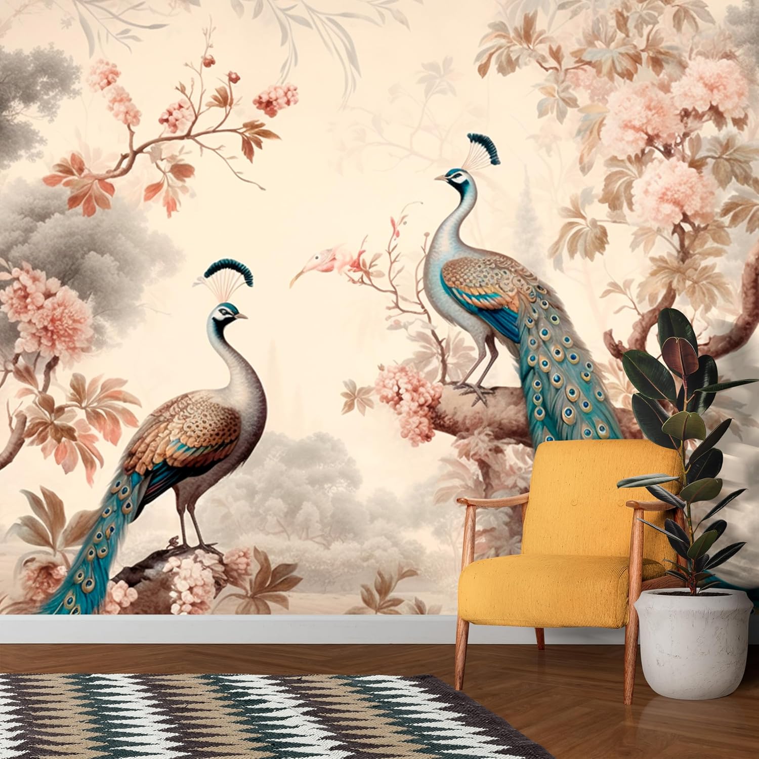 Peacocks and Flowers Wallpaper, Chinoiserie Wall Decor for Living Room Bedroom and Office, Peel and Stick, Vinyl (Peel and Stick, 138''Wx104''H)
