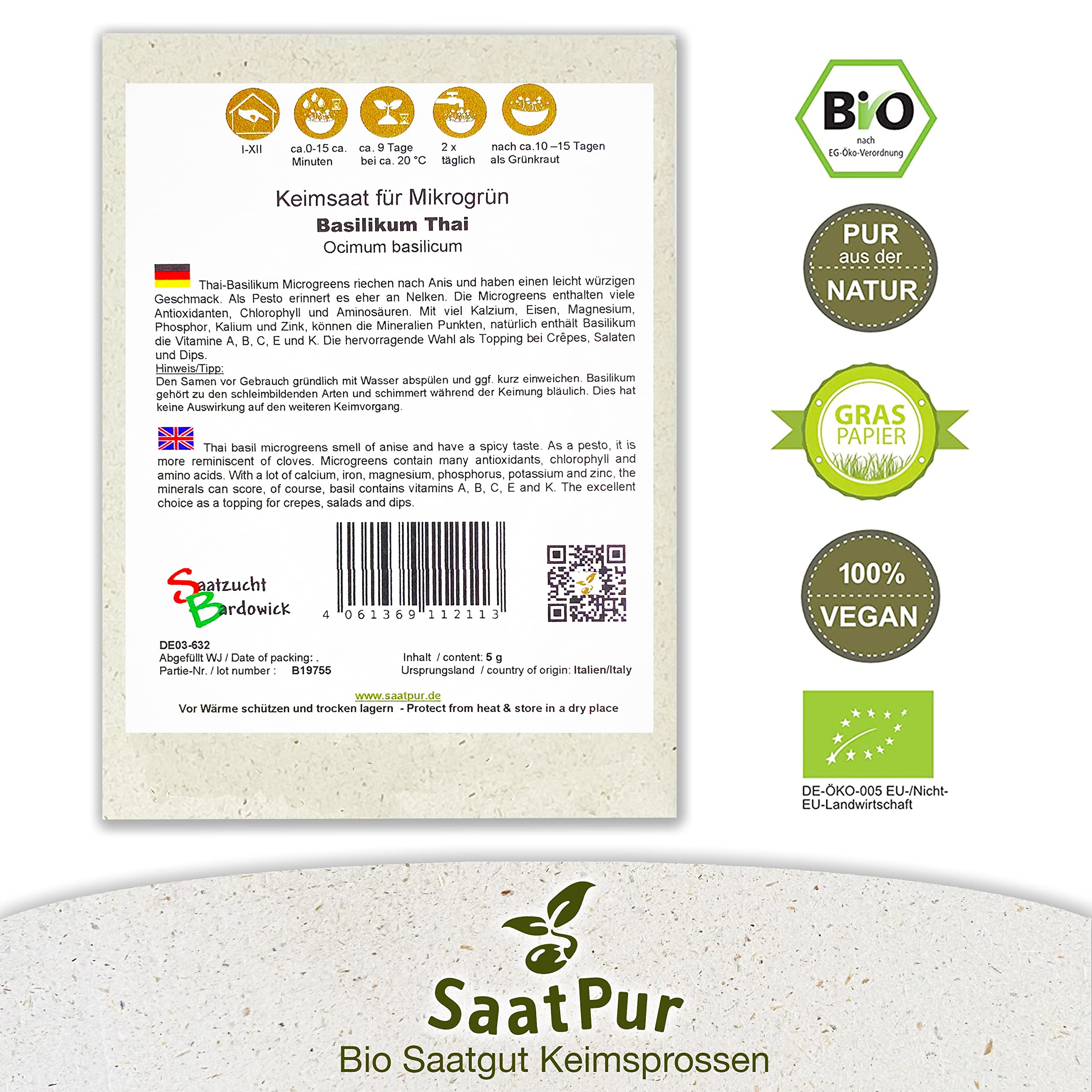 Bio Sprossen Samen Basilikum Thai - 100% Bio Keimsprossen - Microgreens mit hoher Keimkraft - Großes Tray mit 100 Portionstüten je 5g