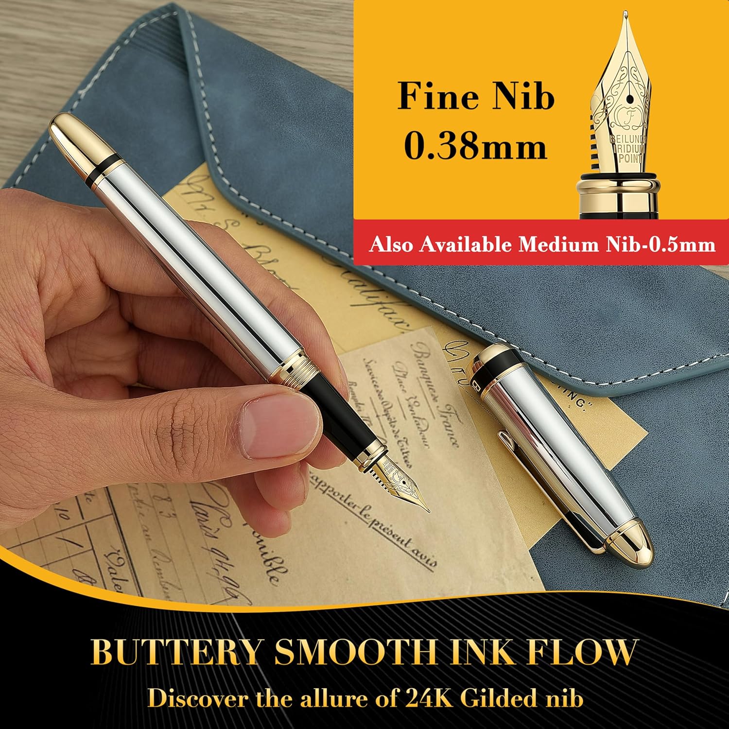 BEILUNER 315 Silver Chrome Fountain Pen,Stunning Luxury Pens with 24K Gold Accents, Gorgeous 24K Gilded Nib(Fine), Ink Converter,Fancy Pen Gift for Men&Women-Elegant, Office, Writing, Nice Design