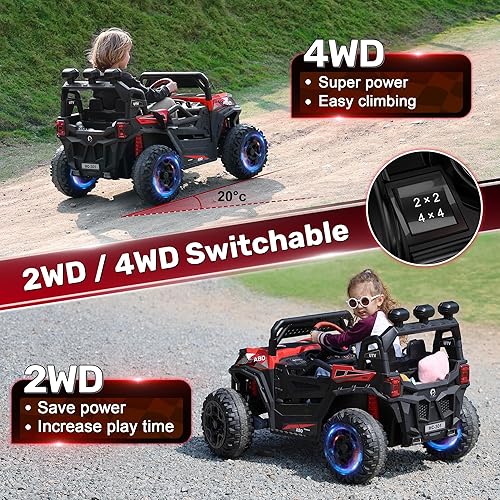 Miniatura 9 de ANPABO Camión de coche de 24 V 4 x 4 con control remoto, 4WD2WD conmutable Kids UTV, asiento espacioso de 19 pulgadas, 4 amortiguadores, arranque