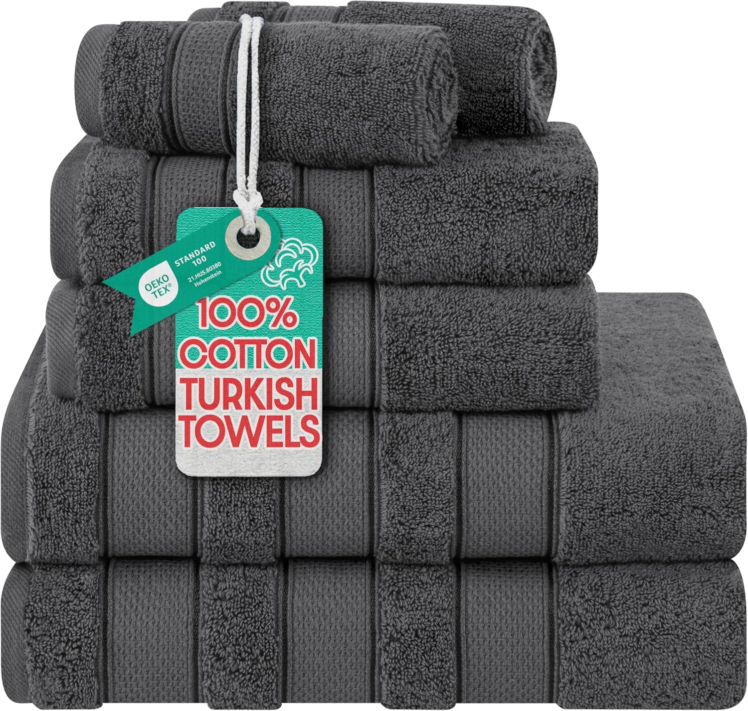 American Soft Linen Salem Turkish Bath Towel Set, 100% Cotton 600 GSM 6 Piece Towels for Bathroom, 2 Bath Towels 2 Hand Towels 2 Washcloths, Dark Gray
