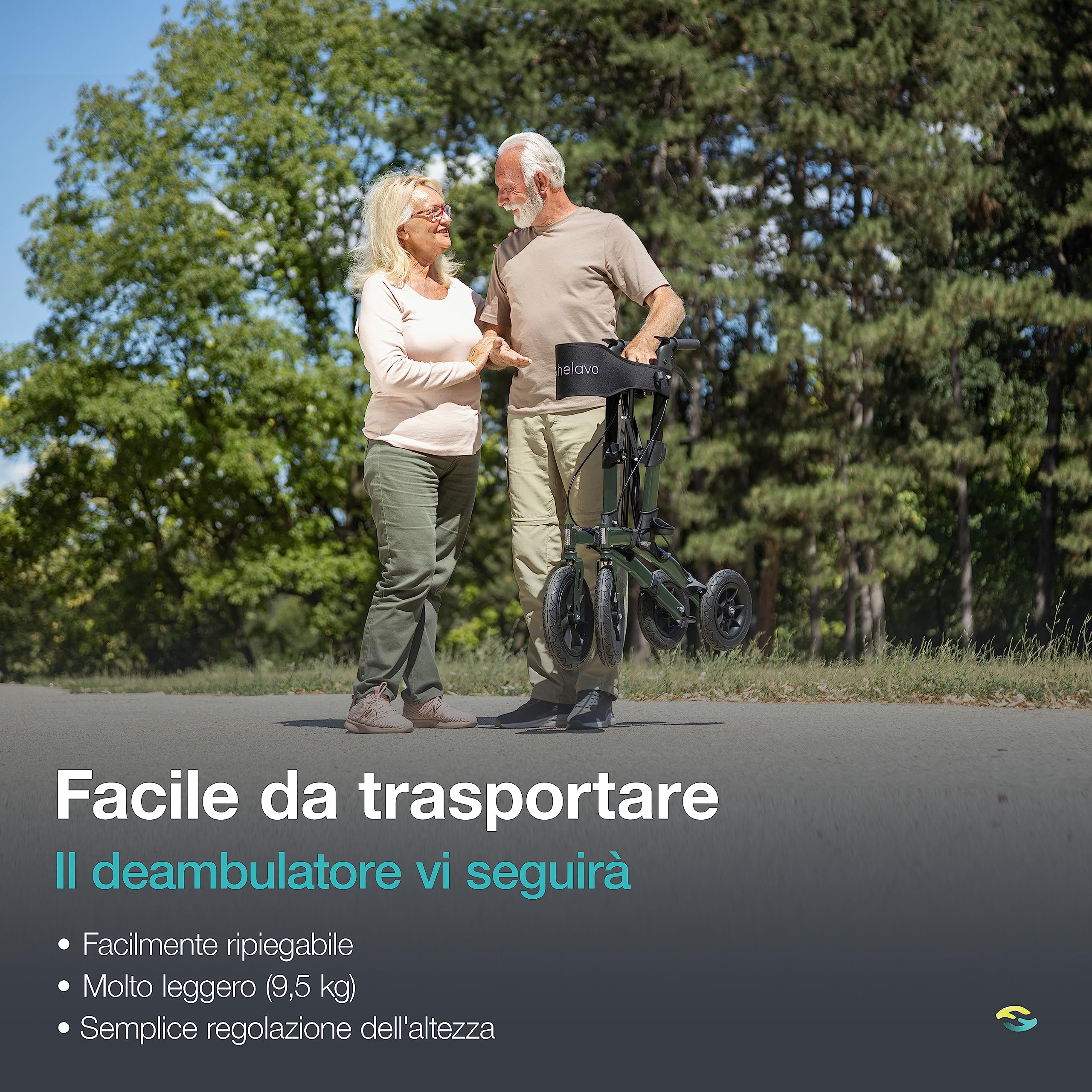 Helavo deambulatore per anziani 4 ruote pieghevole con seduta - Rollator da esterno con ruote pneumatiche 12"/10", altezza regolabile, sedile comodo, leggero, ammortizzato - 136 kg max