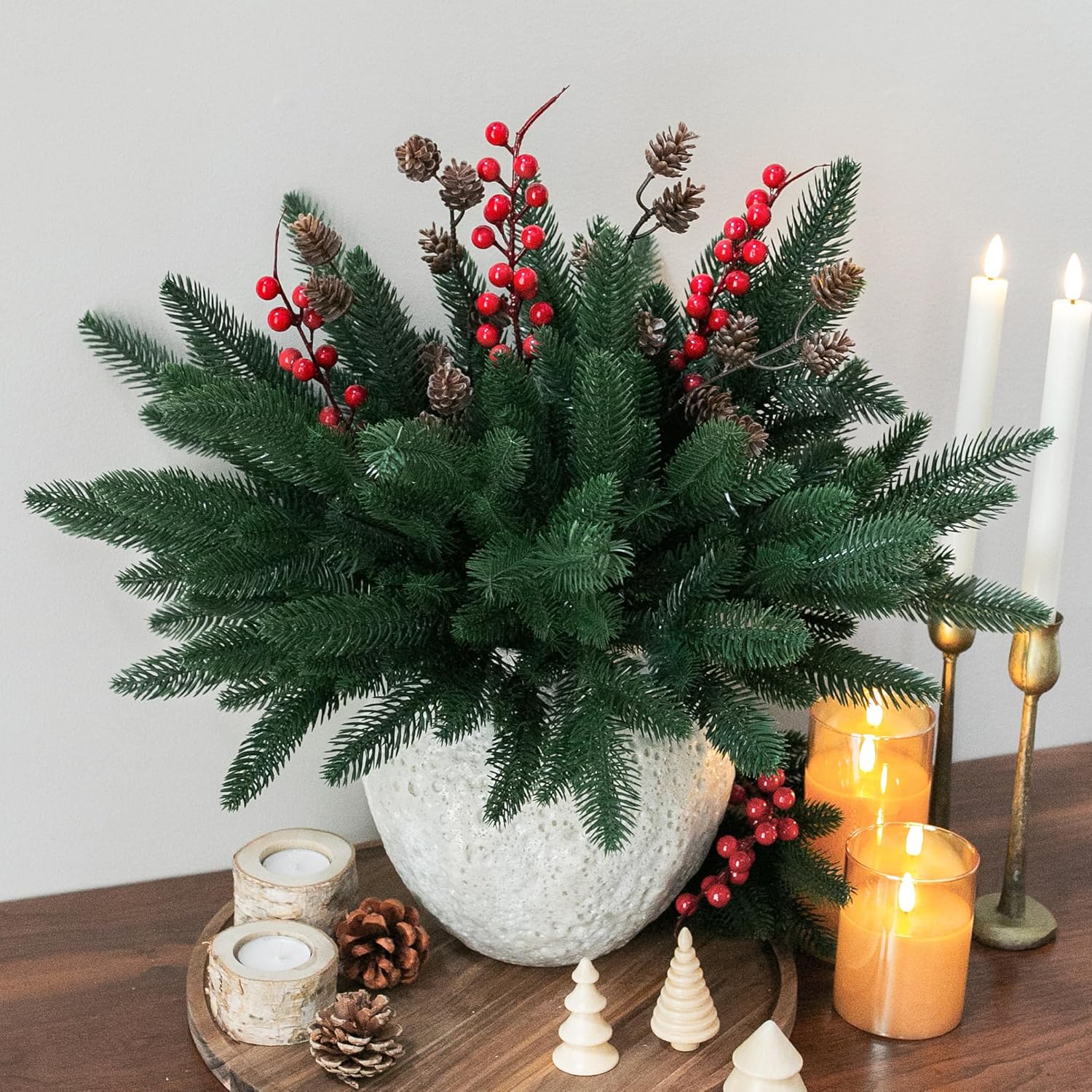 Ivydale 17Pcs Faux Pine Branches Norfolk Stem for Christmas Decoration, Artificial Greenery Plants with Pinecones&Red Berries for Table DIY Home Winter Indoor Vase Real Touch Christmas Decorations
