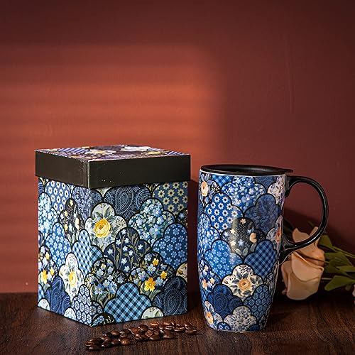 Miniatura 9 de Topadorn Taza de café de cerámica con tapa a prueba de derrames, taza de café para el hogar y la oficina con caja de regalo, color azul