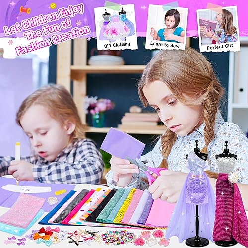 Miniatura 7 de Kit de diseño de moda para niñas, kit de costura con 7 maniquíes, kit de manualidades y manualidades para niños, kit de fabricación de ropa de