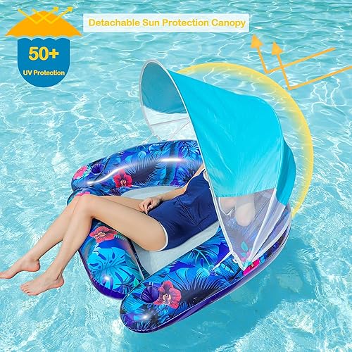 Miniatura 2 de FindUWill Flotadores de piscina con toldo para adultos  Silla flotante XL con portavasos y parasol extraíble, tumbona flotante inflable resistente