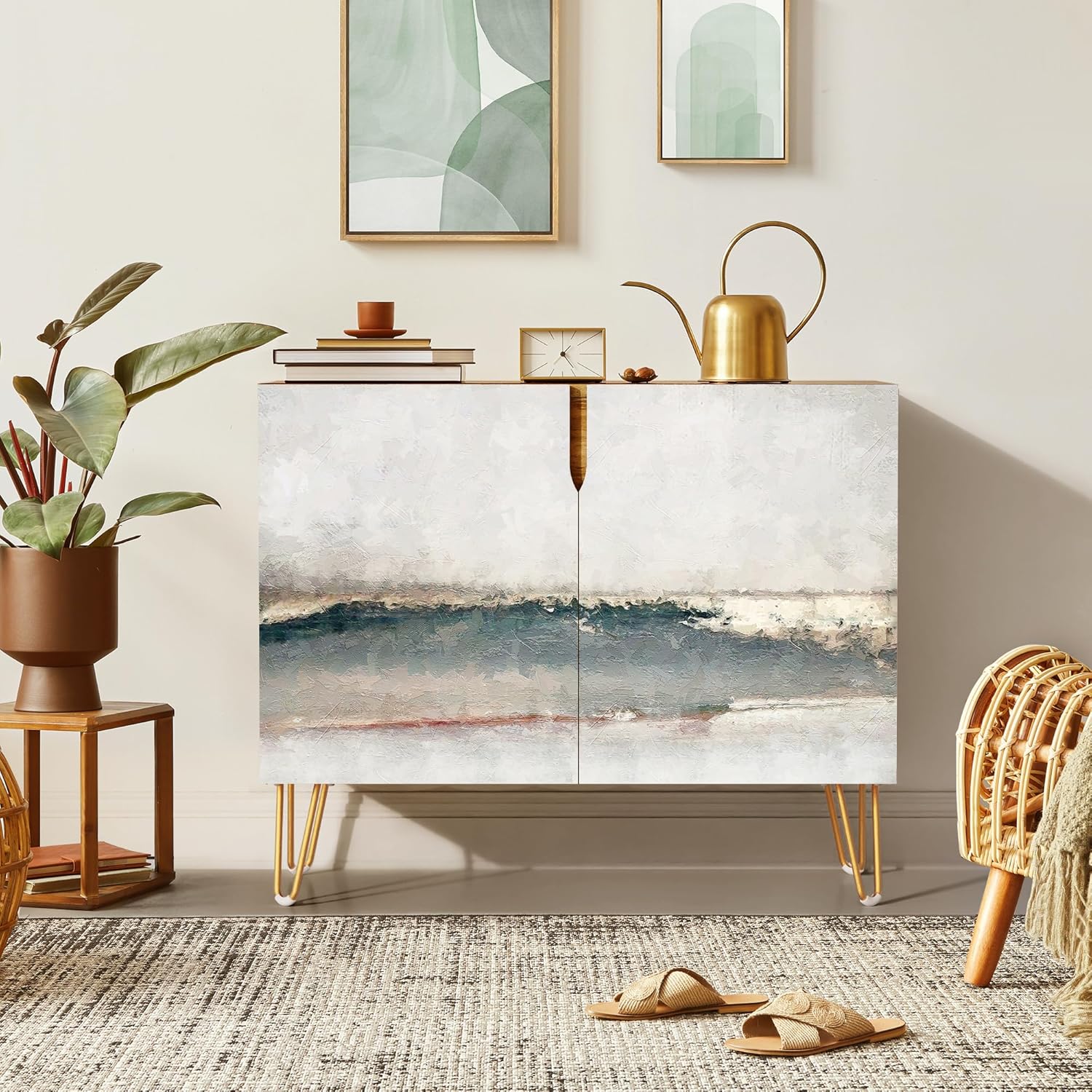 SIGNWIN Sideboard Buffet Cabinet, Kitchen Storage Cabinet with 2 Doors, Grunge Gray & Dark Teal Color Blocks, Cupboard Console Table for Dining Room - 35" L x 18" W x 29" H