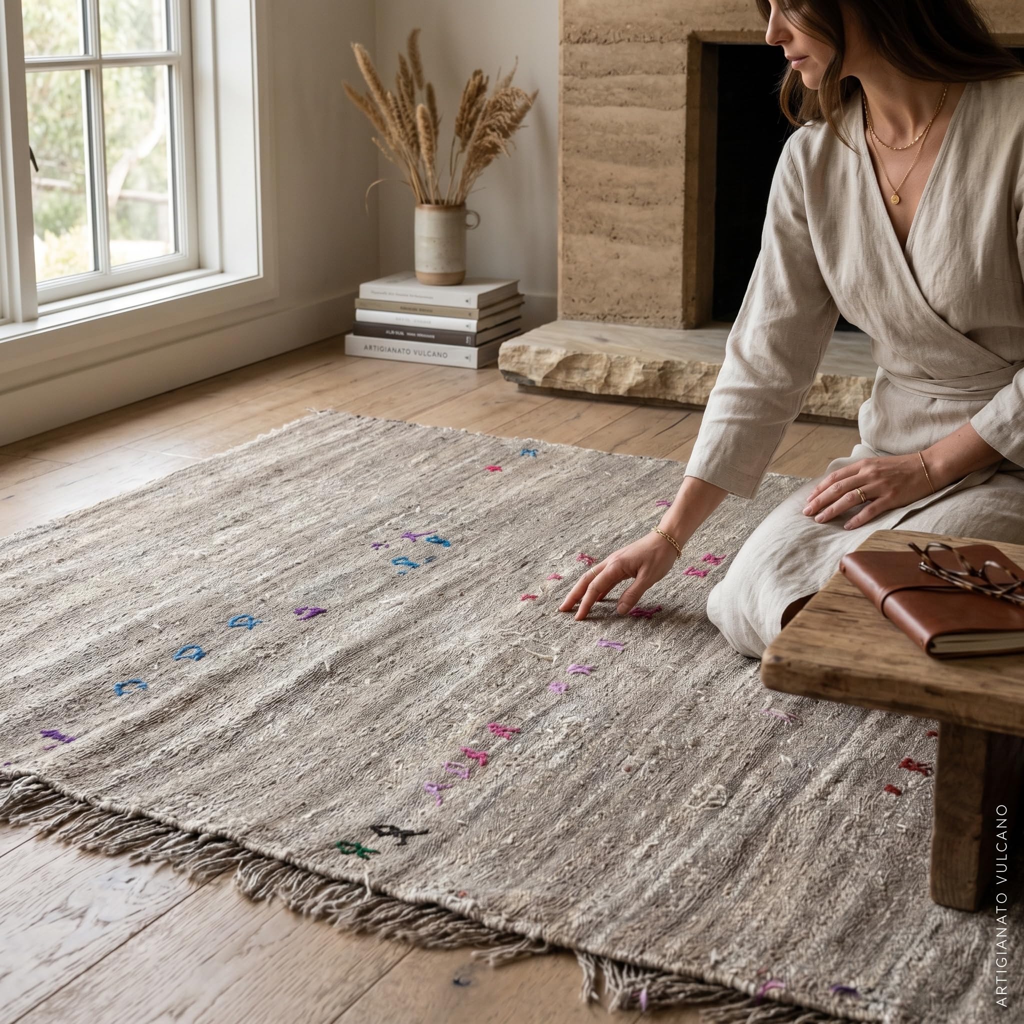 Tapis Hassira marocain en paille de palmier tissée à la main par des artisans experts du Maroc. Complétez le tapis des broderies berbères simples en laine colorée naturellement.
