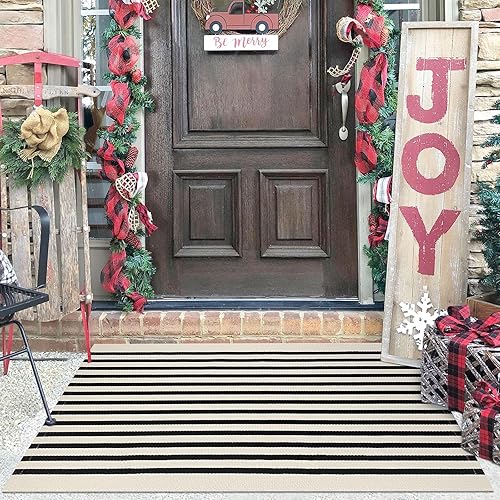 Miniatura 6 de KILOCOCO Alfombra de rayas beige de 2.3 x 3.6 pies para interiores y exteriores, alfombra tejida a mano de algodón lavable a rayas para puerta