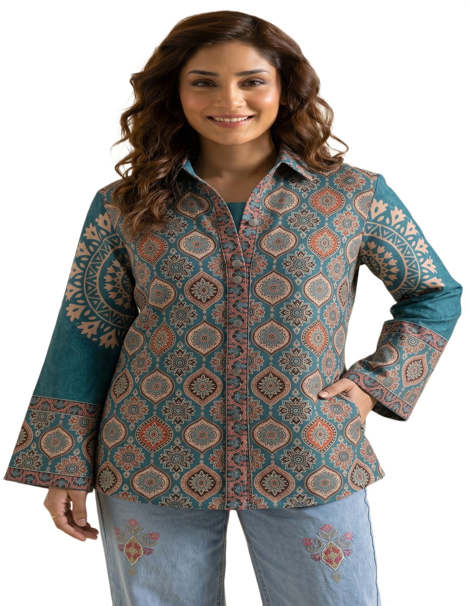 maykr Women's Plus Size Teal Blue Ethnic Printed Shirt | Regular Fit | Collared Neck | Flared Sleeves | Sizes S-5XL-picture-27