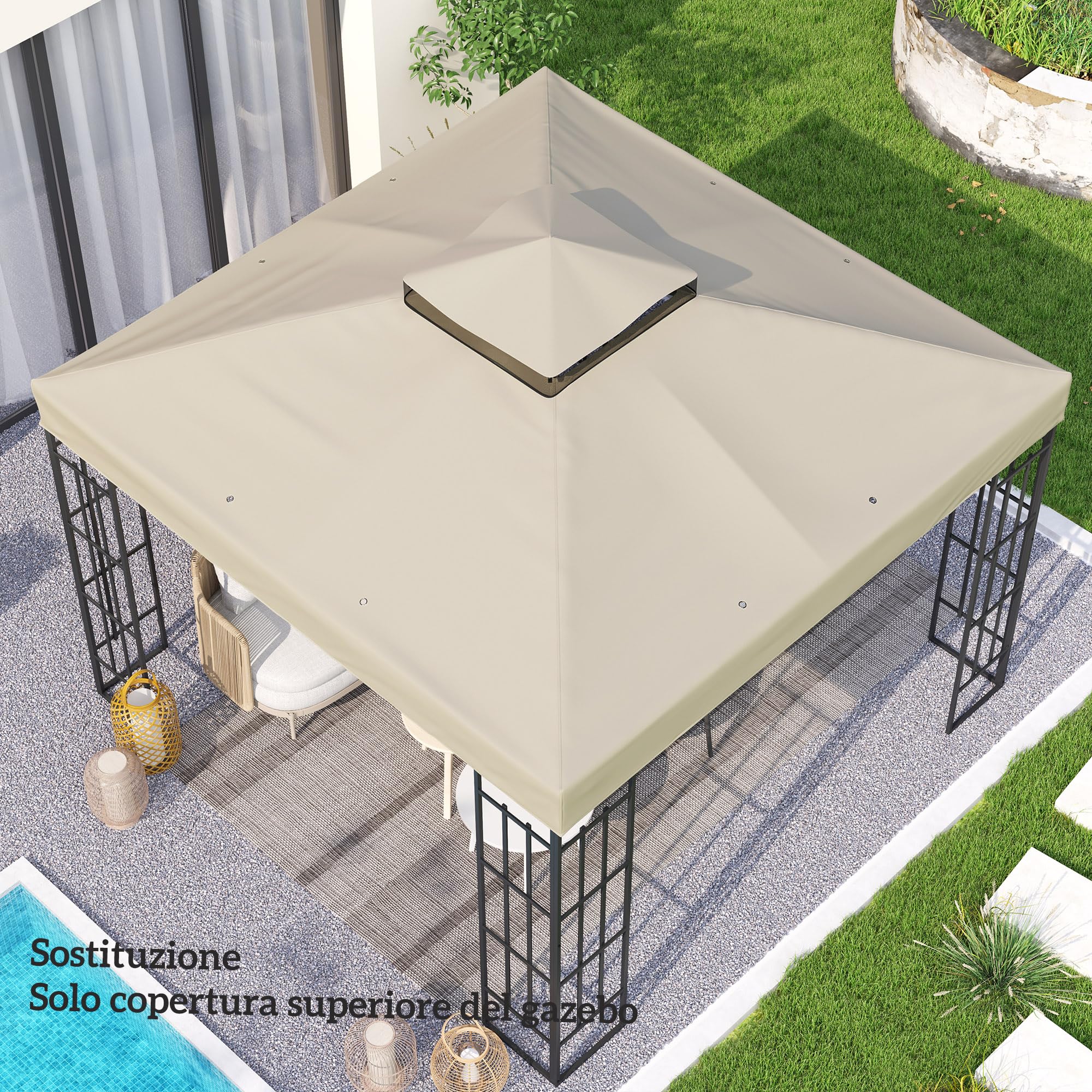 Outsunny Tetto di Ricambio per Gazebo 3x3 m 2 Livelli, Telo Copertura Resistente all'Acqua in Tessuto Oxford 370g/㎡ Anti-UV 30+ con Fori di Drenaggio, Crema