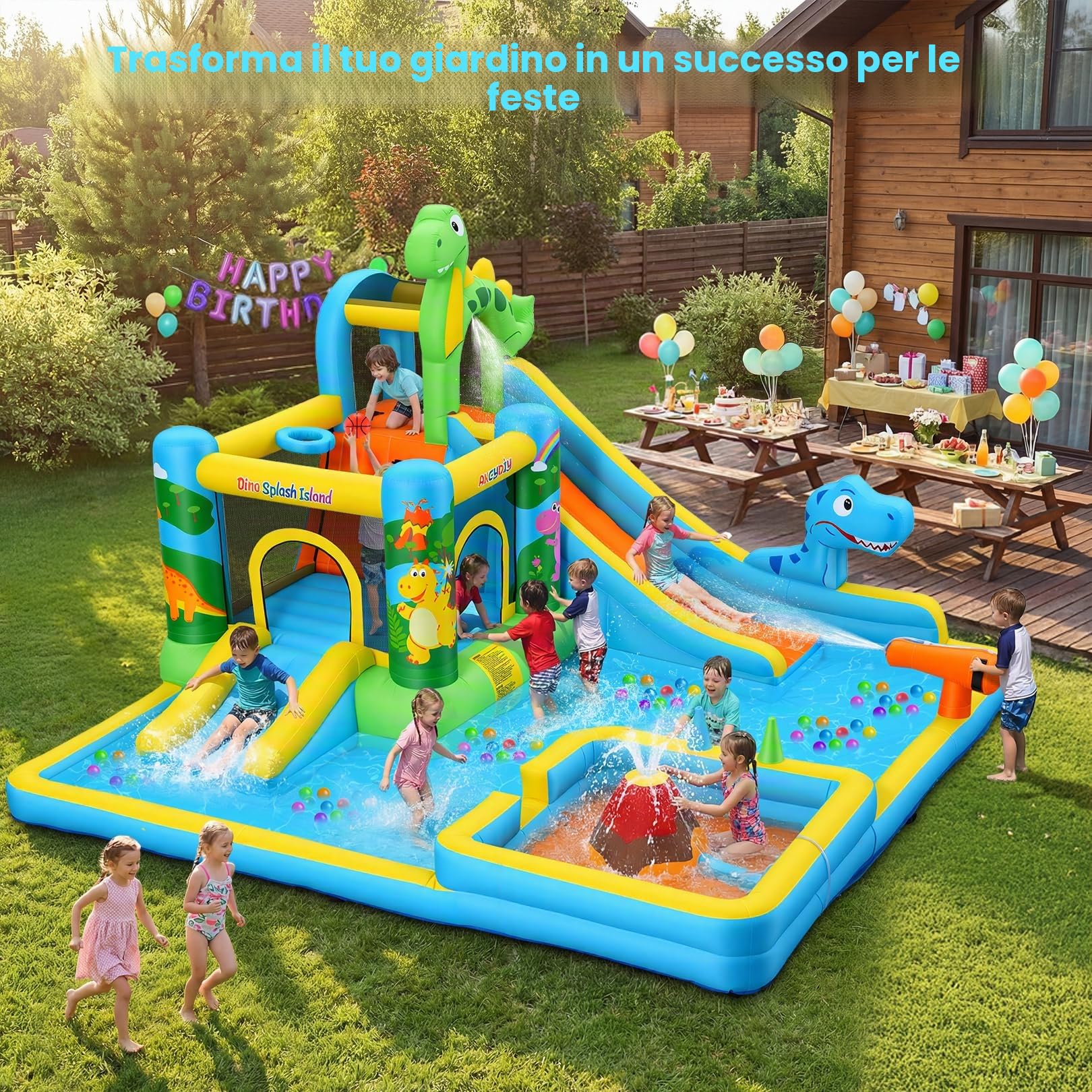 Gonfiabile acquascivolo castello gonfiabile con ventilatore per bambini 3+ anni, scivolo asciutto/acqua, parco acquatico dinosauro con 2 scivoli, piscina per bambini e piscina, cestino da basket