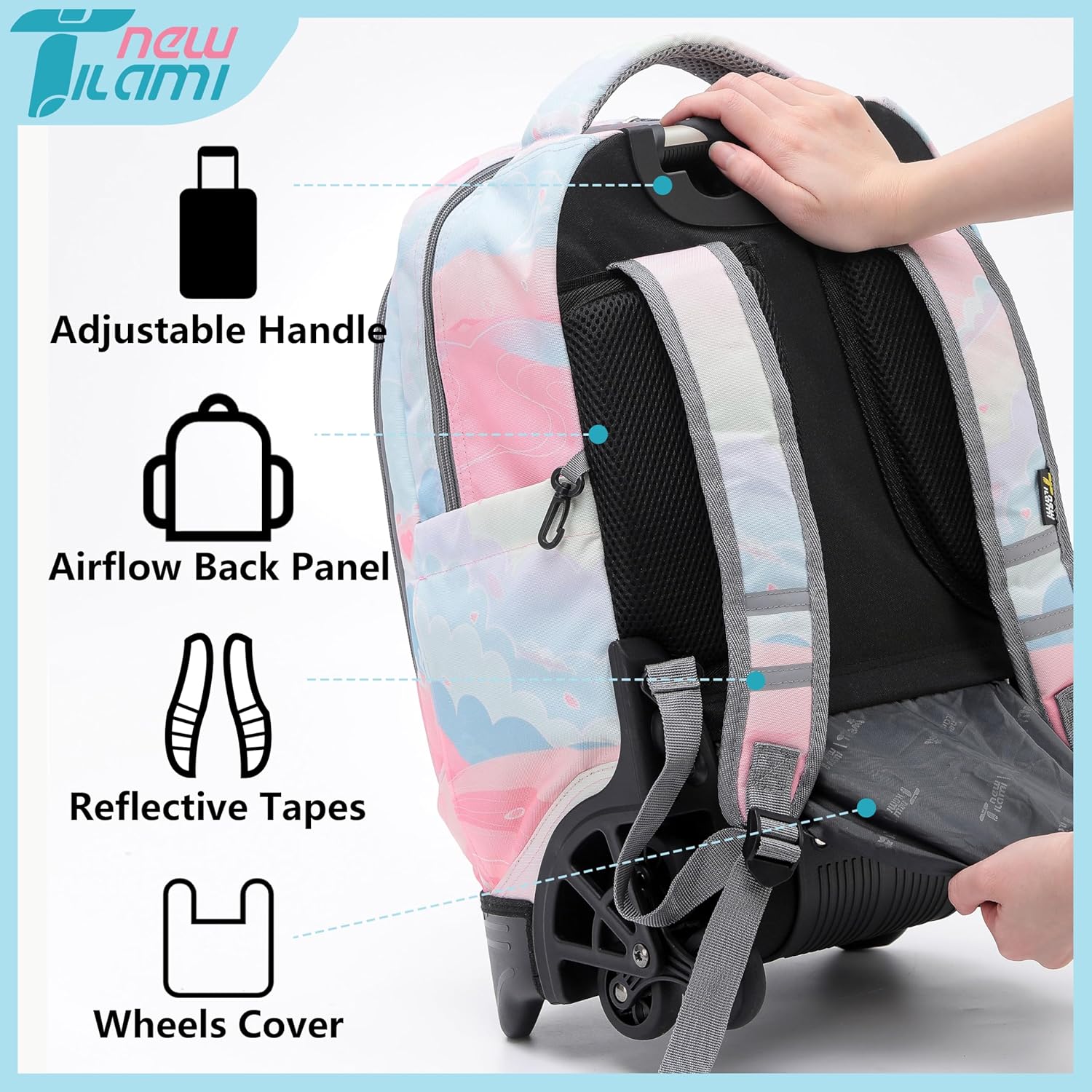 NEW TILAMI 18 inch Rolling Backpack for Girls – Waterproof, Large Capacity, Stair-Climbing Design, Adjustable Handle, Great for School, Pink Sunset - Image 6