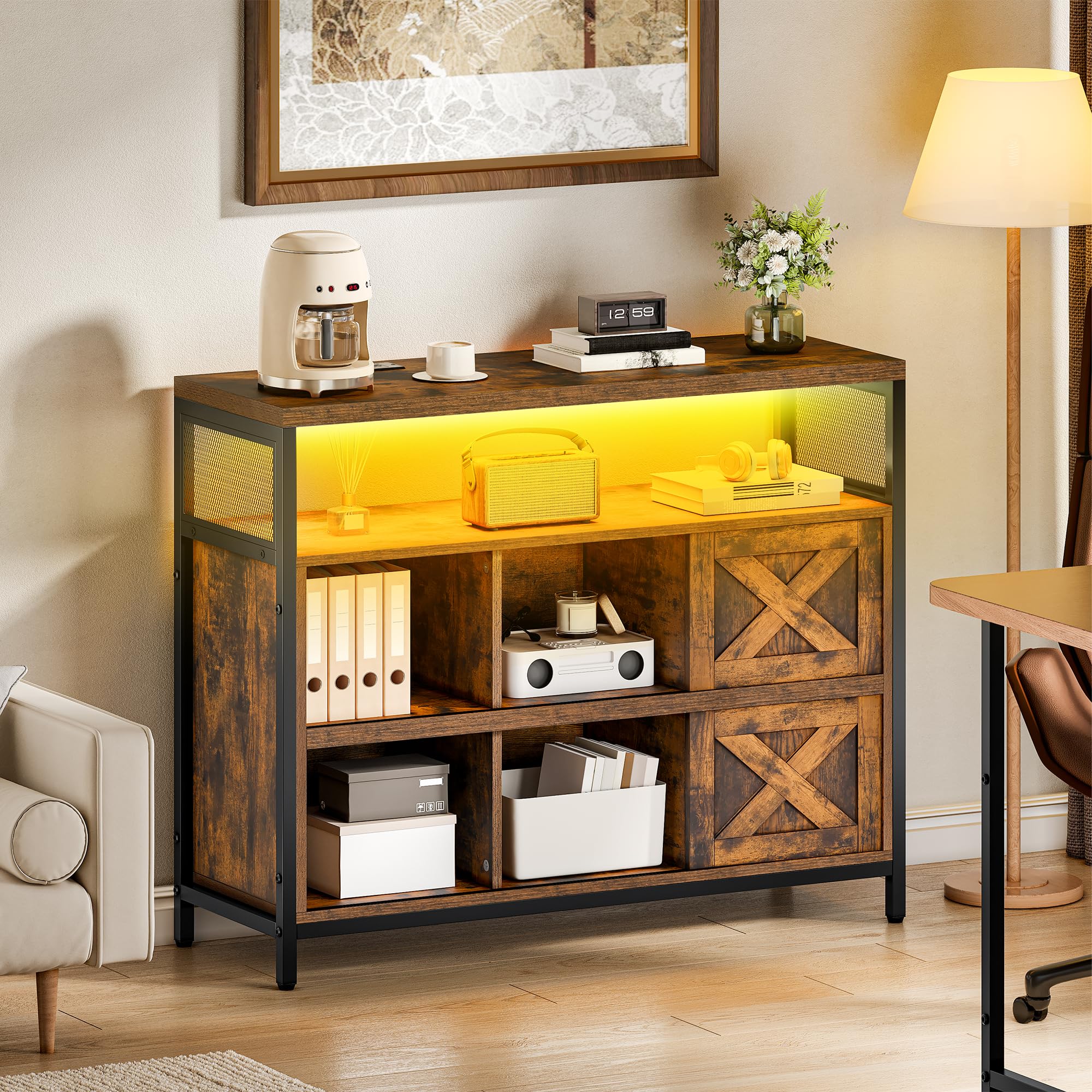 YITAHOME Sideboard mit LED und Steckdosen, Kommode mit Schiebetüren